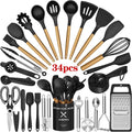 Kitchen Utensil Set, 34Pieces Silicone Cooking Utensil Set with Wooden Handle, Spatula Set Gadgets Tools Cookware, Black