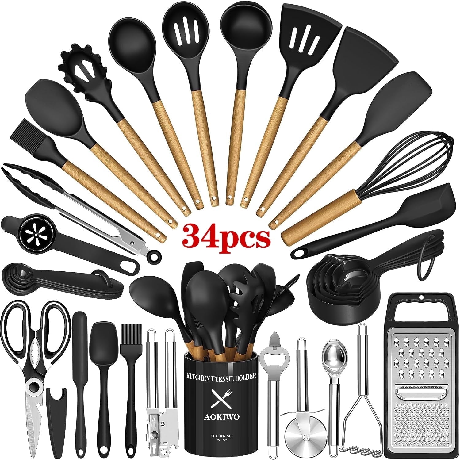 Kitchen Utensil Set, 34Pieces Silicone Cooking Utensil Set with Wooden Handle, Spatula Set Gadgets Tools Cookware, Black