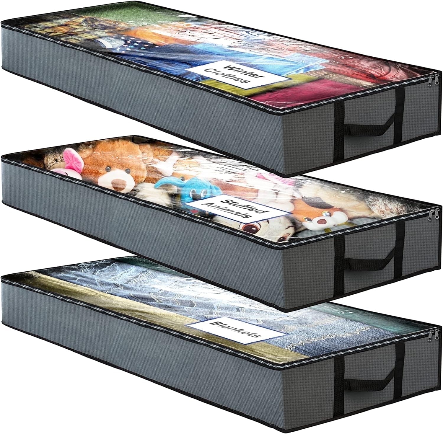 Underbed Storage Bag 90L, 3 Large Bins with Reinforced Handles Containers, Visible Clothes Storage Bags for Blanket Pillow Quilts, Closet Organizers
