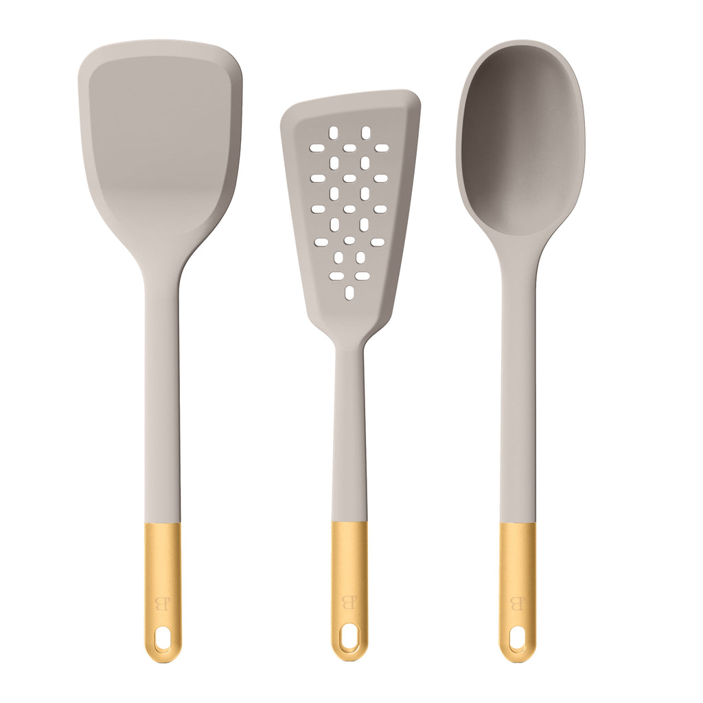 3-Piece Silicone Kitchen Utensil Tool Set, Porcini Taupe by Drew Barrymore