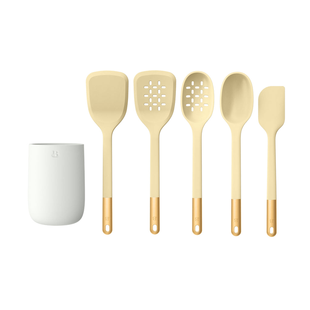6-Piece Silicone Tool Set with Ceramic Crock, Porcini Taupe by Drew Barrymore