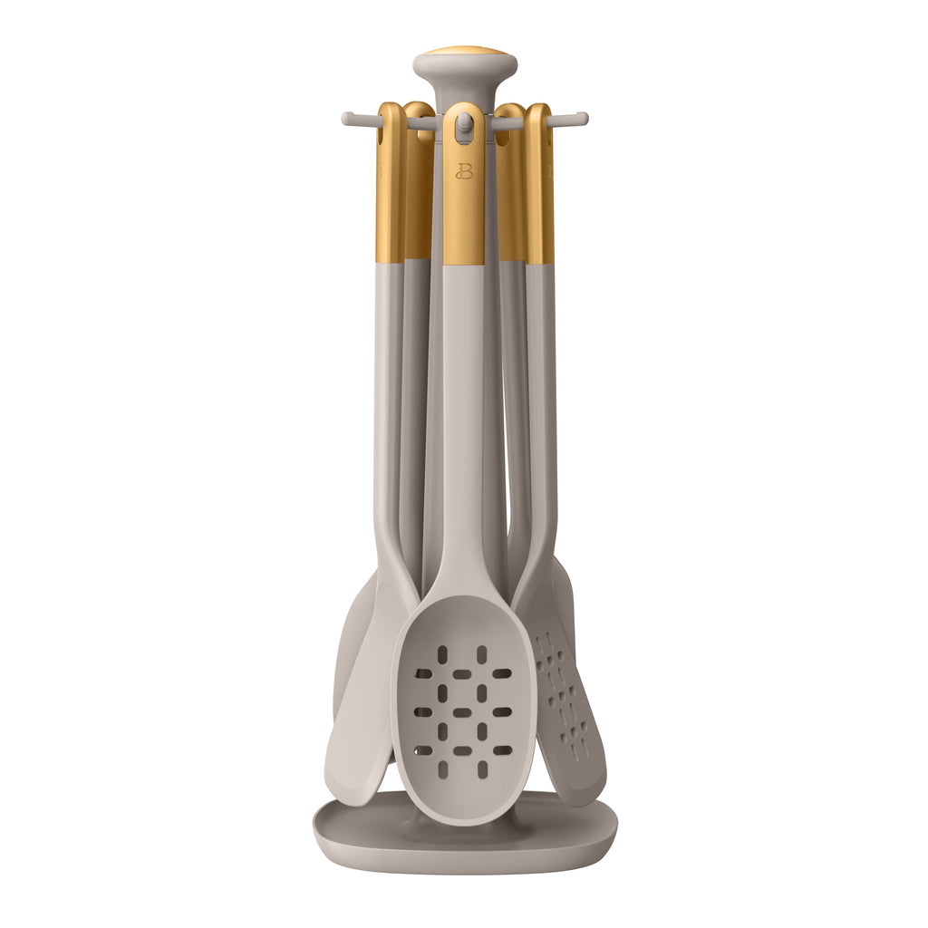 6-Piece Silicone Kitchen Utensil Tool Set with Rotating Rack by Drew Barrymore, Porcini Taupe