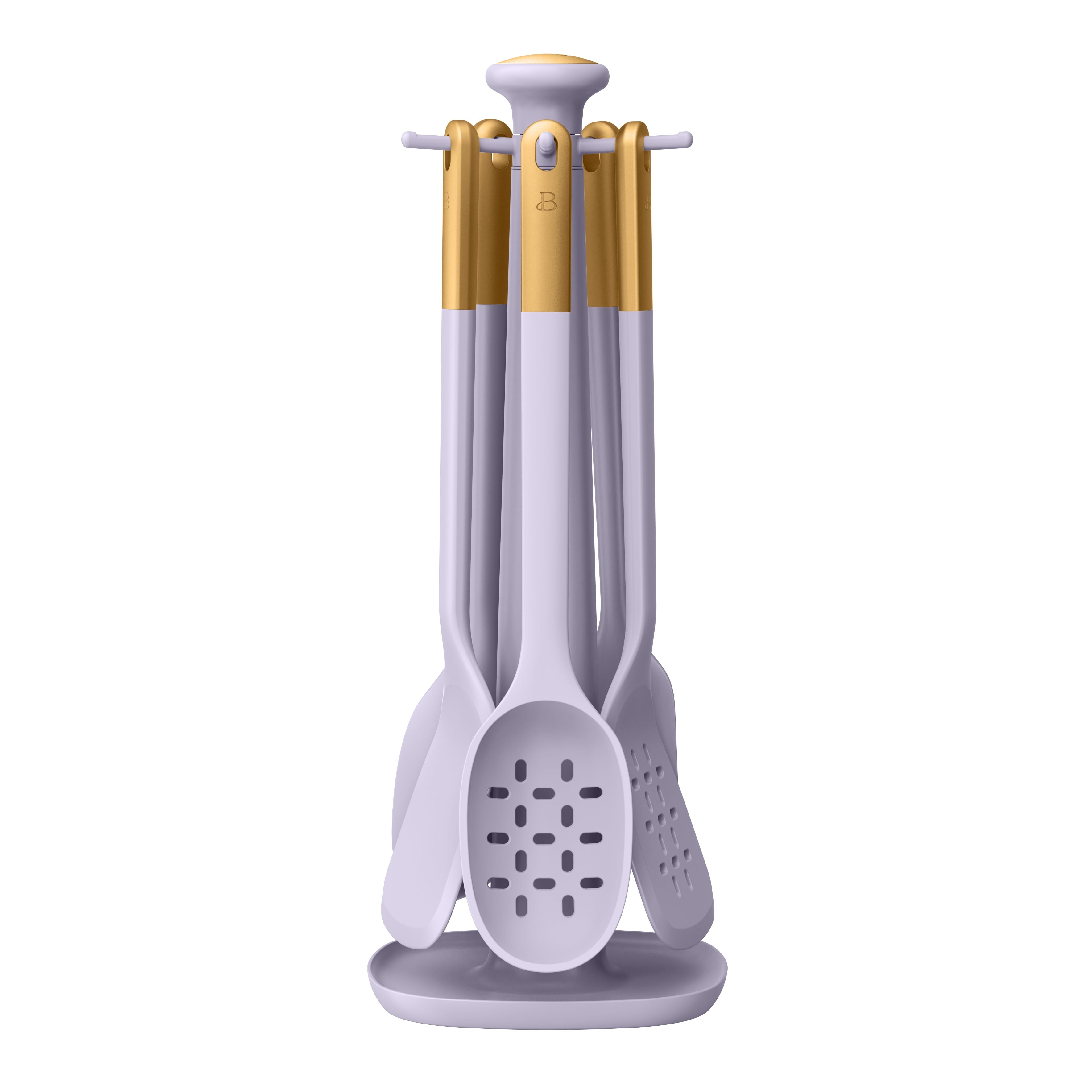 6-Piece Silicone Kitchen Utensil Tool Set with Rotating Rack by Drew Barrymore, Porcini Taupe