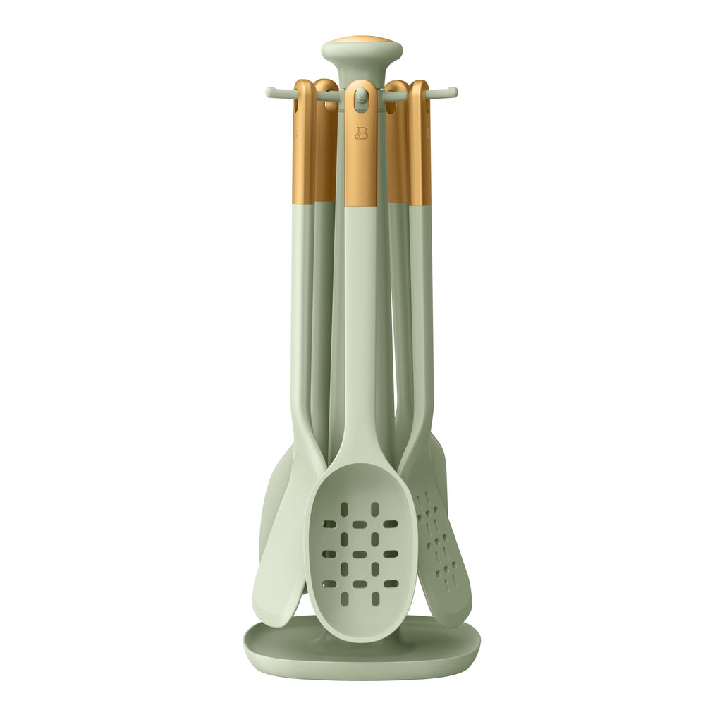 6-Piece Silicone Kitchen Utensil Tool Set with Rotating Rack by Drew Barrymore, Porcini Taupe