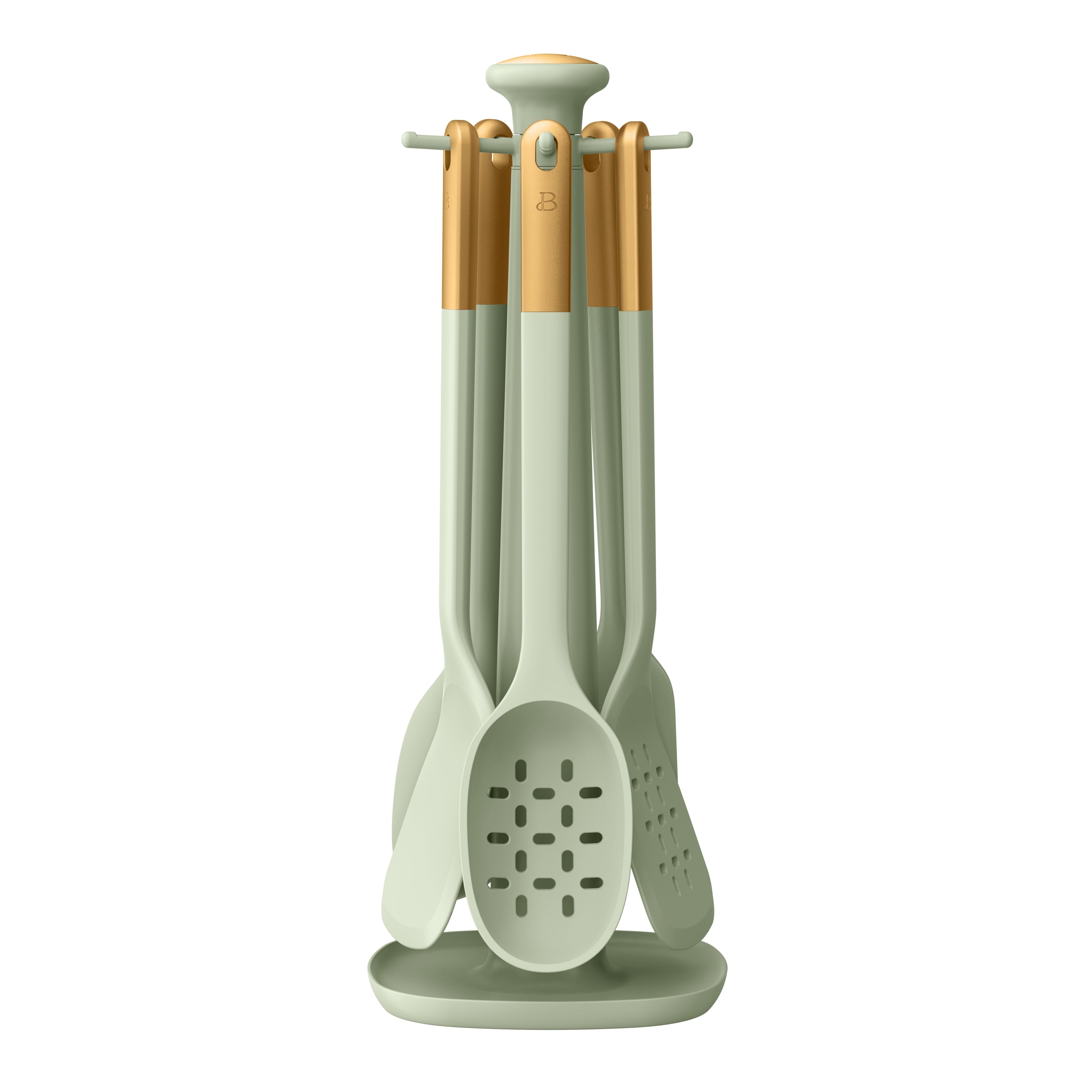 6-Piece Silicone Kitchen Utensil Tool Set with Rotating Rack by Drew Barrymore, Porcini Taupe