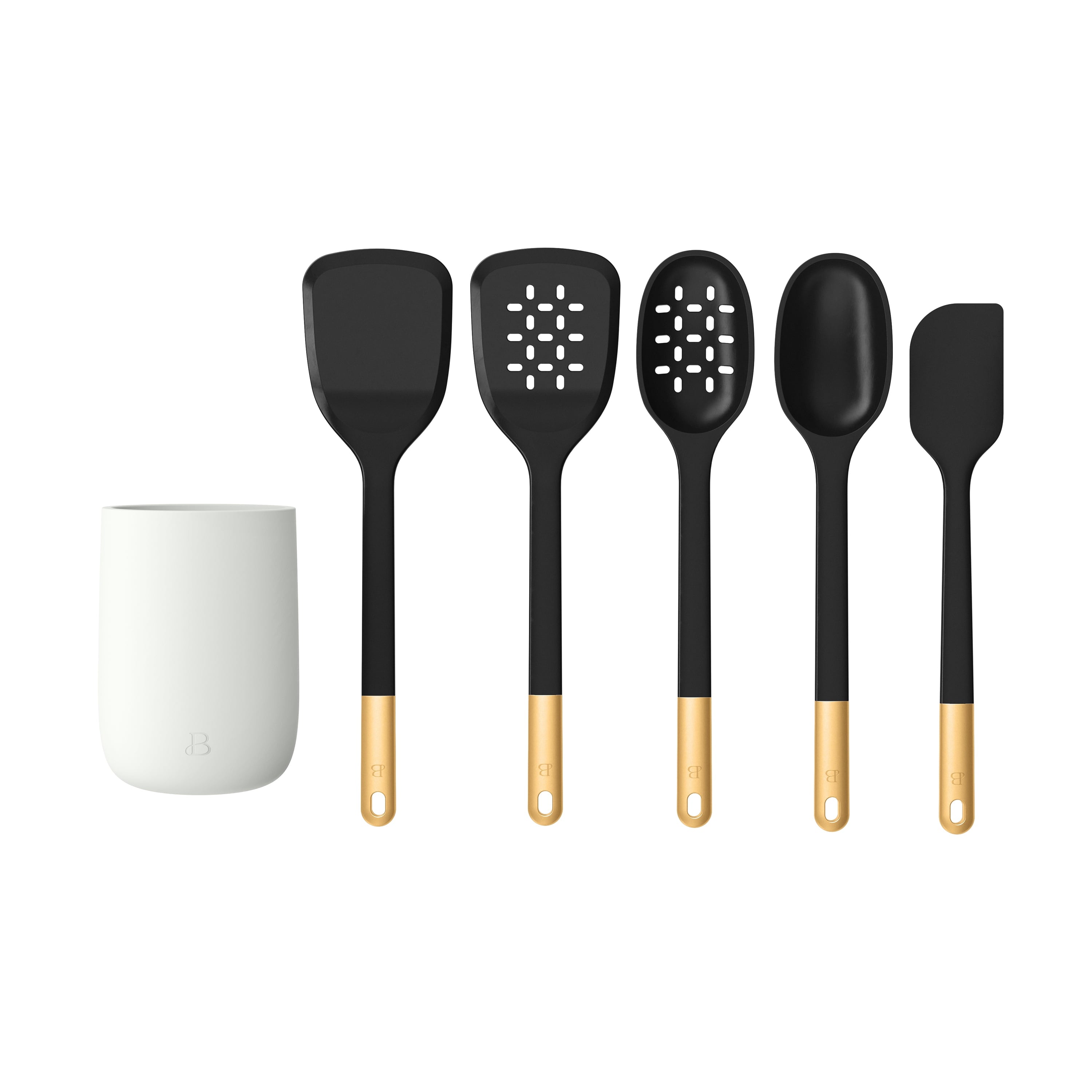 6-Piece Silicone Tool Set with Ceramic Crock, Porcini Taupe by Drew Barrymore