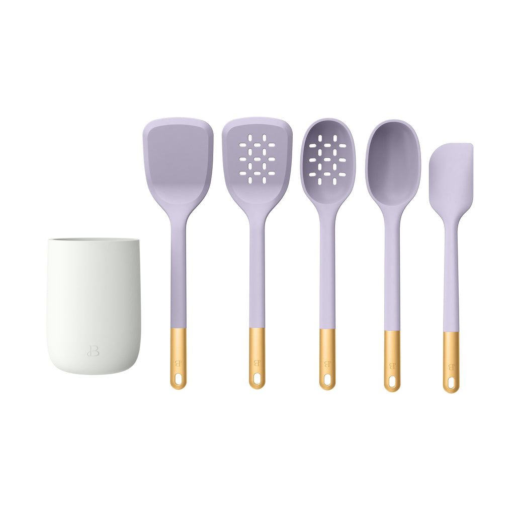 6-Piece Silicone Tool Set with Ceramic Crock, Porcini Taupe by Drew Barrymore