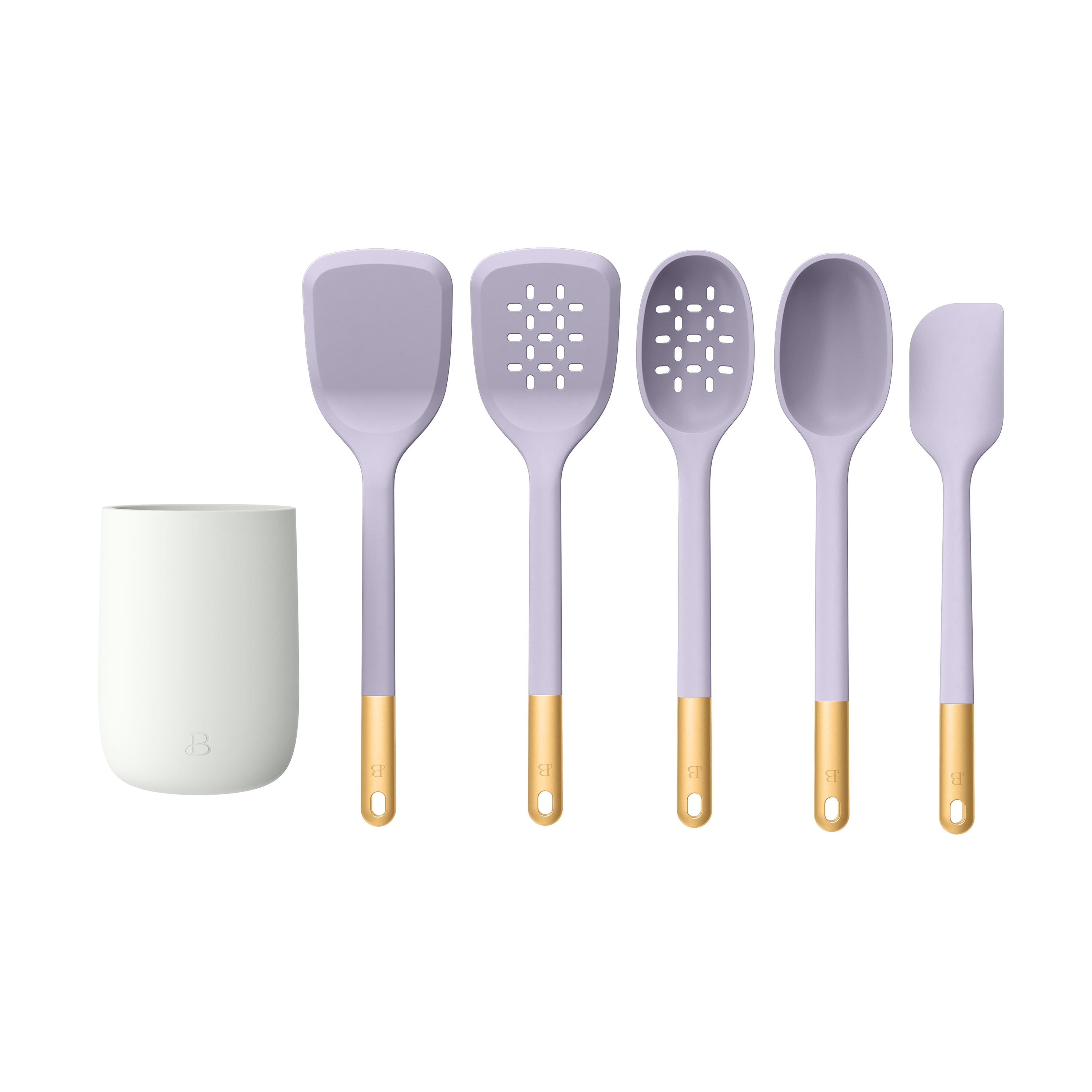 6-Piece Silicone Tool Set with Ceramic Crock, Porcini Taupe by Drew Barrymore