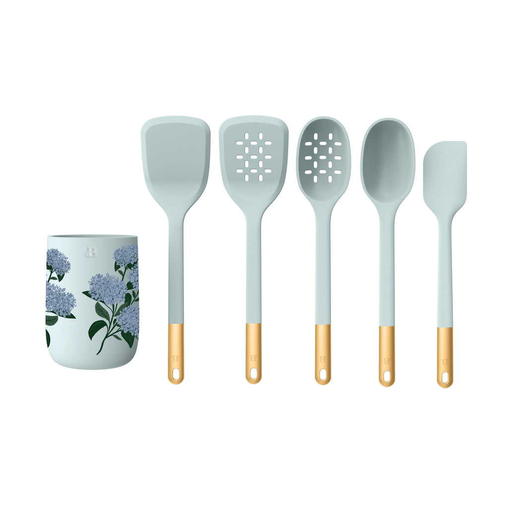 6-Piece Silicone Tool Set with Ceramic Crock, Porcini Taupe by Drew Barrymore