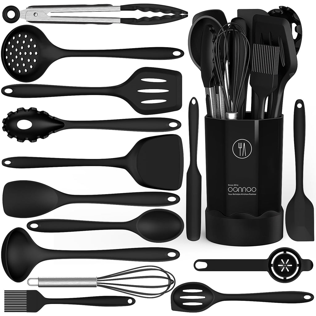 Black Silicone Cooking Utensils Set - 446°F Kitchen Utensils,Turner Tongs,Spatula,Spoon,Brush,Whisk,Kitchen Utensil Gadgets Tools Set for Nonstick Cookware, (BPA Free)