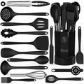 Black Silicone Cooking Utensils Set - 446°F Kitchen Utensils,Turner Tongs,Spatula,Spoon,Brush,Whisk,Kitchen Utensil Gadgets Tools Set for Nonstick Cookware, (BPA Free)