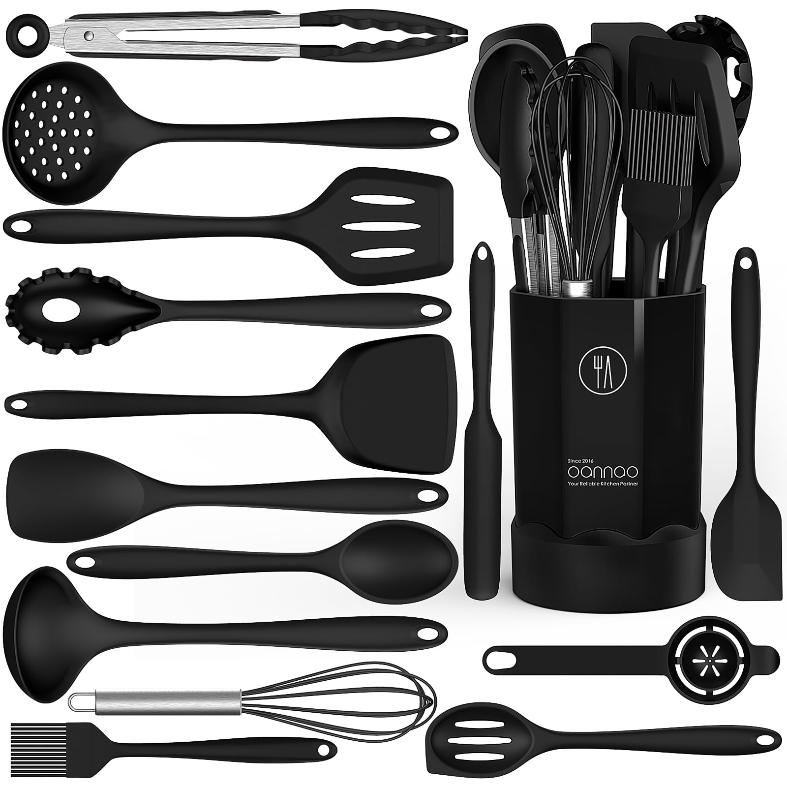 Black Silicone Cooking Utensils Set - 446°F Kitchen Utensils,Turner Tongs,Spatula,Spoon,Brush,Whisk,Kitchen Utensil Gadgets Tools Set for Nonstick Cookware, (BPA Free)