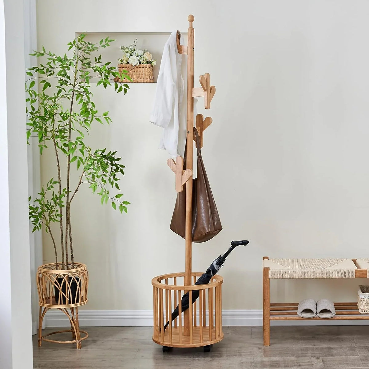 Wood Coat Rack Freestanding - Wooden Coat Tree Hat Rack with 12 Hooks, Clothes Coats Hanger Stand Rolling Racks with Umbrella Holder Wheels for Bedroom Entryway Hallway Livingroom (Walnut)