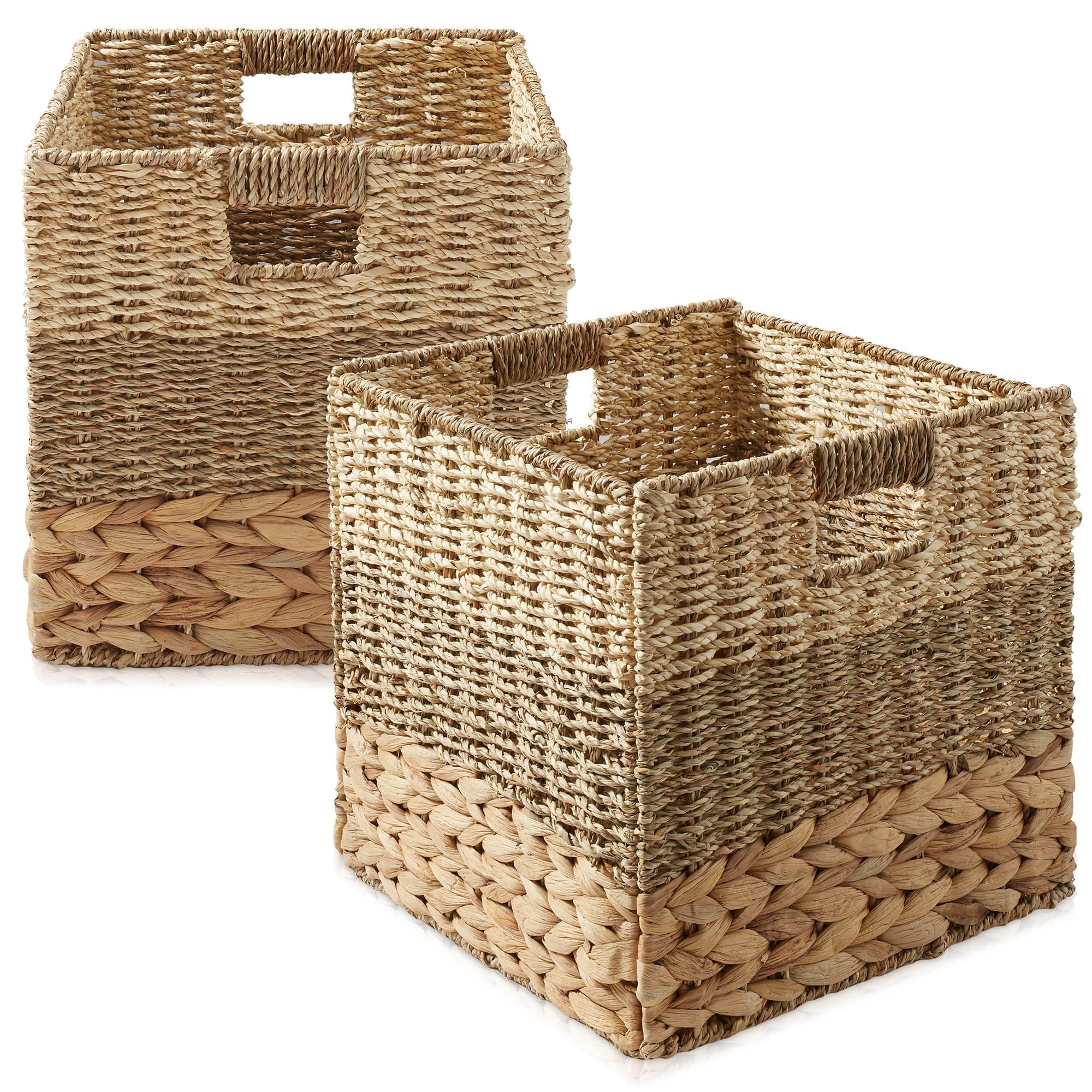 10.5" x 10.5" Water Hyacinth Storage Baskets, Natural - Set of 2 Collapsible Cube Organizers, Woven Bins for Bathroom, Bedroom, Laundry, Pantry, Shelves