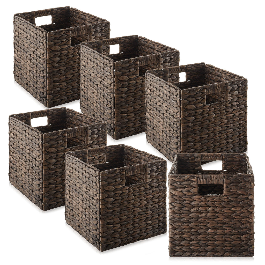 10.5" x 10.5" Water Hyacinth Storage Baskets, Natural - Set of 2 Collapsible Cube Organizers, Woven Bins for Bathroom, Bedroom, Laundry, Pantry, Shelves