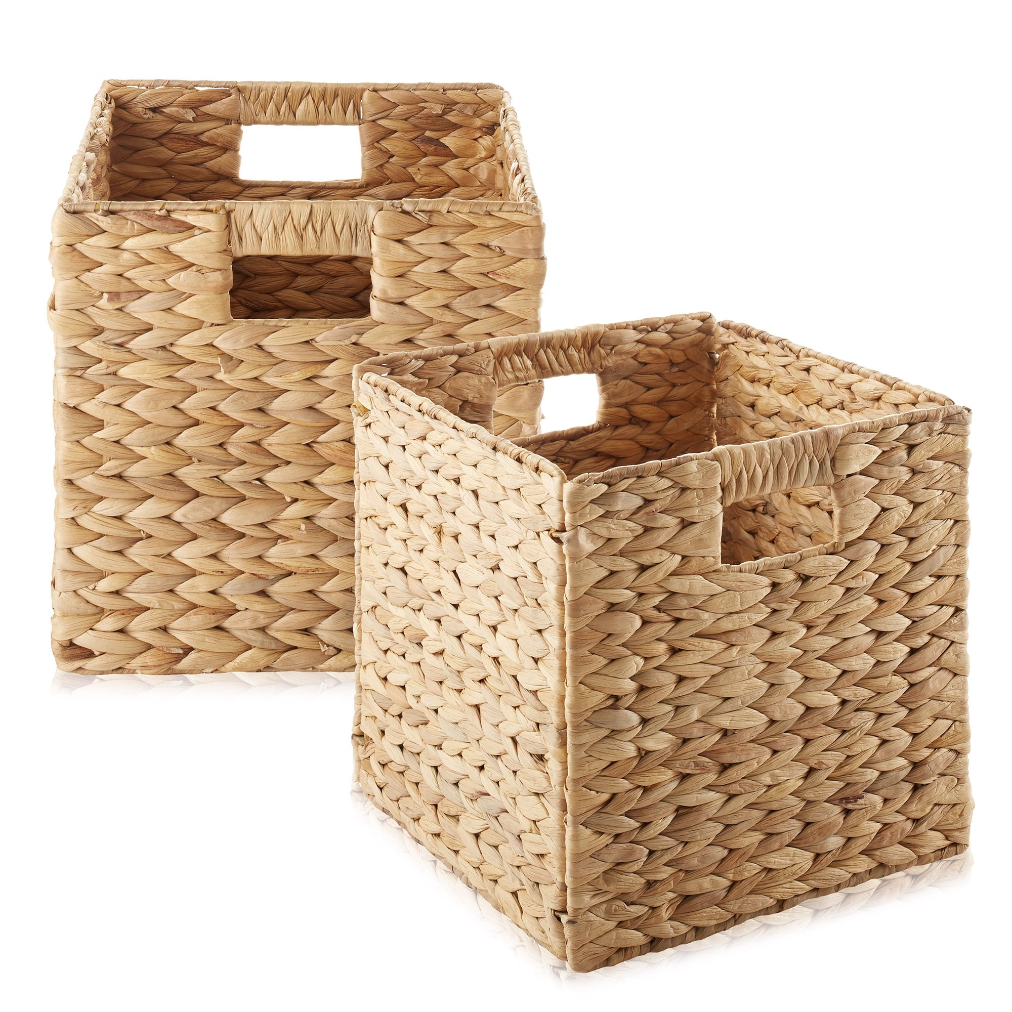 10.5" x 10.5" Water Hyacinth Storage Baskets, Natural - Set of 2 Collapsible Cube Organizers, Woven Bins for Bathroom, Bedroom, Laundry, Pantry, Shelves