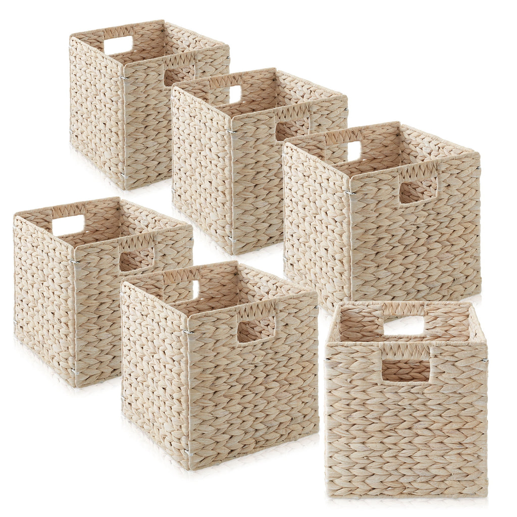 10.5" x 10.5" Water Hyacinth Storage Baskets, Natural - Set of 2 Collapsible Cube Organizers, Woven Bins for Bathroom, Bedroom, Laundry, Pantry, Shelves