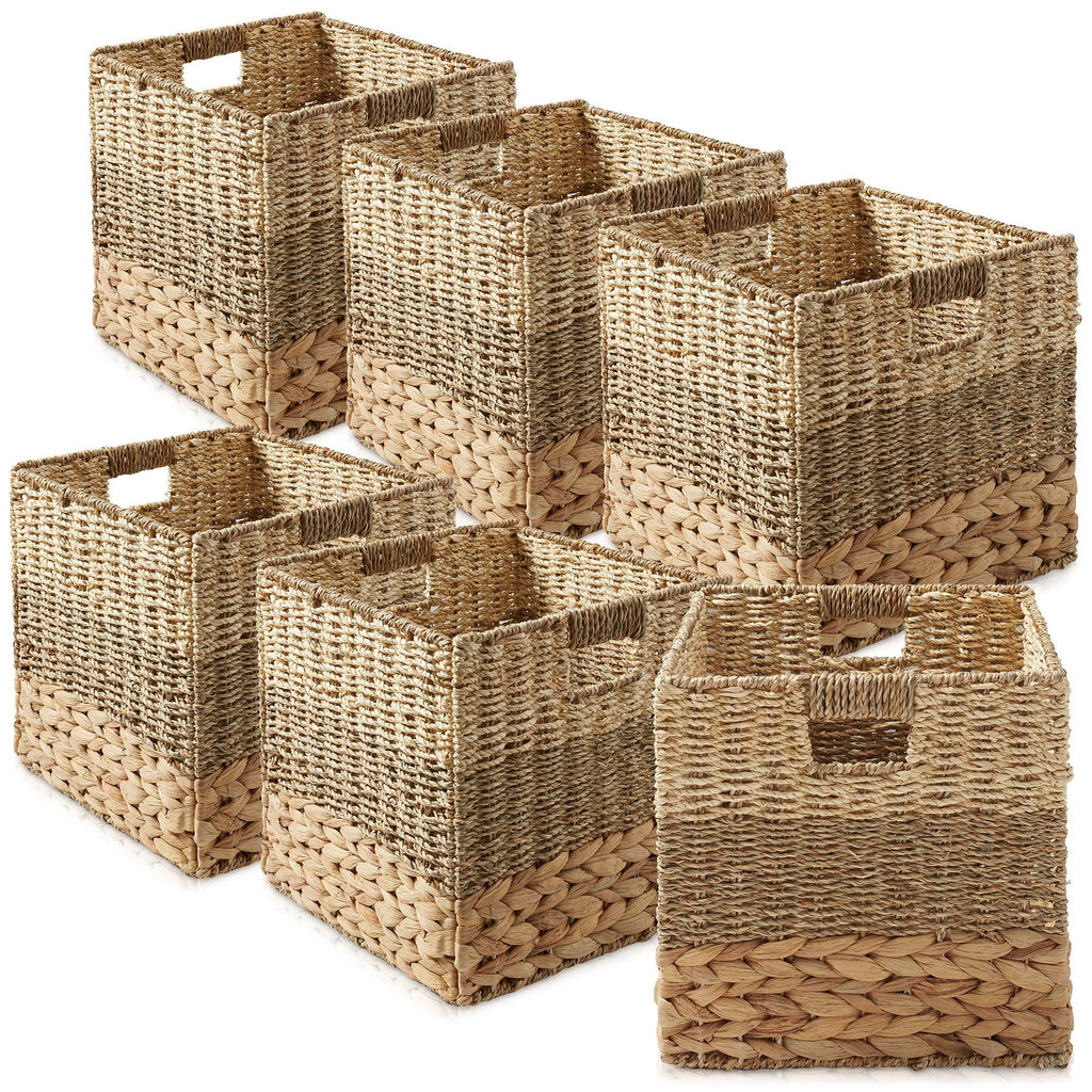 13" x 13" Water Hyacinth Storage Baskets, Natural - Set of 2 Collapsible Cube Organizers, Woven Bins for Bathroom, Bedroom, Laundry, Pantry, Shelves