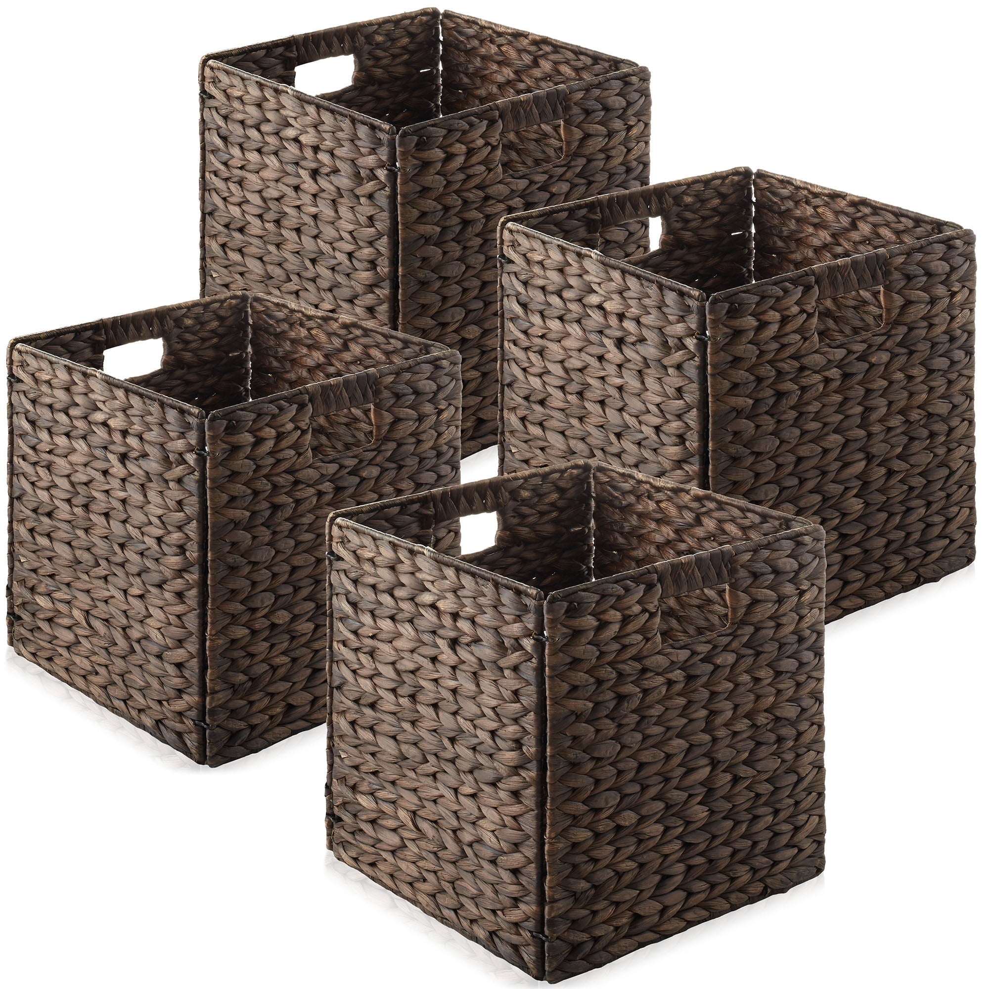 13" x 13" Water Hyacinth Storage Baskets, Natural - Set of 2 Collapsible Cube Organizers, Woven Bins for Bathroom, Bedroom, Laundry, Pantry, Shelves