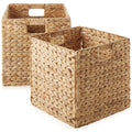 13" x 13" Water Hyacinth Storage Baskets, Natural - Set of 2 Collapsible Cube Organizers, Woven Bins for Bathroom, Bedroom, Laundry, Pantry, Shelves