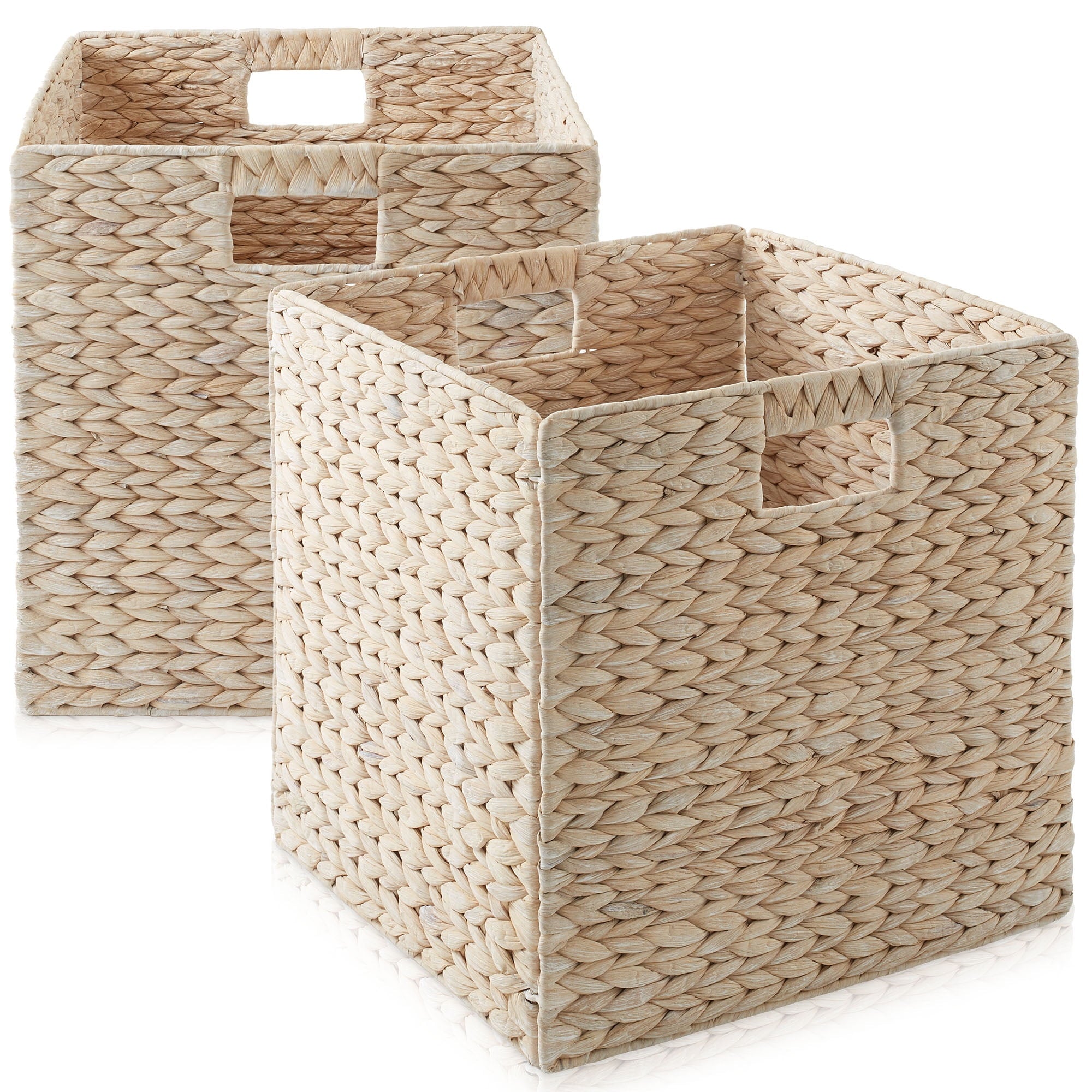 13" x 13" Water Hyacinth Storage Baskets, Natural - Set of 2 Collapsible Cube Organizers, Woven Bins for Bathroom, Bedroom, Laundry, Pantry, Shelves