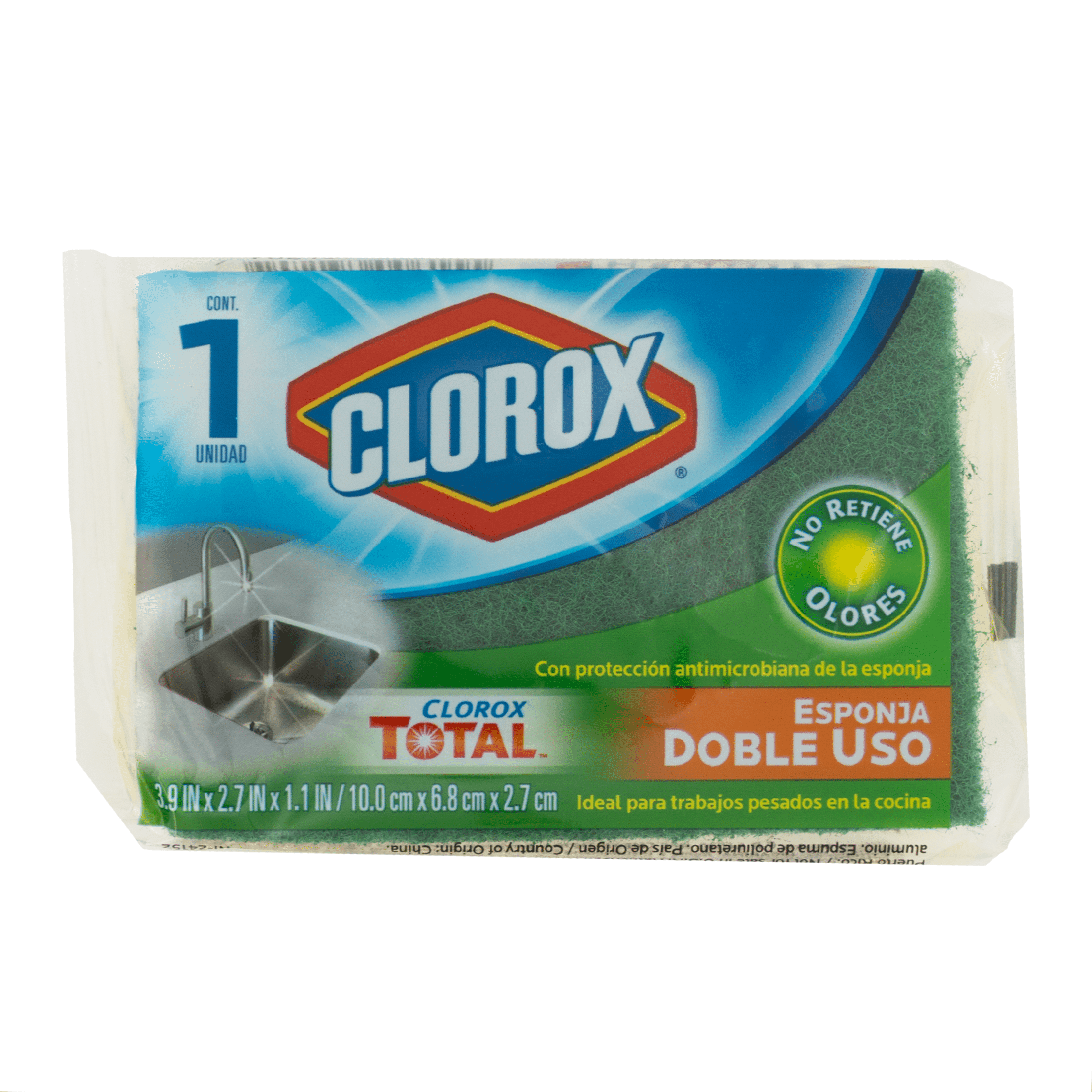 Clorox Double Use Cleaning Scrub Sponge, 1 Count, Does Not Retain Odors, Plastic Bag, New
