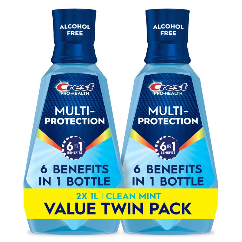 Crest Mouthwash, Pro‑Health Multi‑Protection Fluoride Mouthwash, Alcohol‑Free Oral Rinse, Fresh Mint, 1L Bottles, 2 Pack