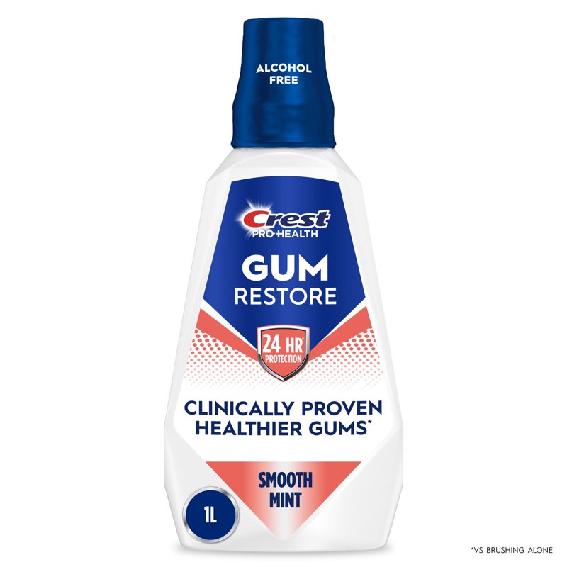 Crest Mouthwash, Pro-Health Gum Restore Mouthwash/Mouth Rinse, Antigingivitis/Antiplaque, Alcohol Free, Smooth Mint, 1L (33.8 fl oz)