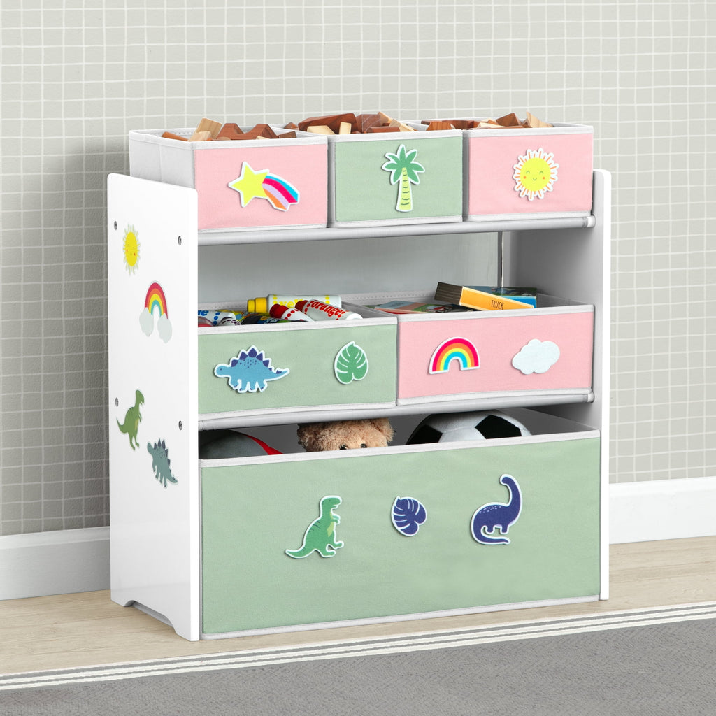 Design &amp; Store 6 Bin Toy Storage Organizer with Interchangeable Patches, Green/Pink