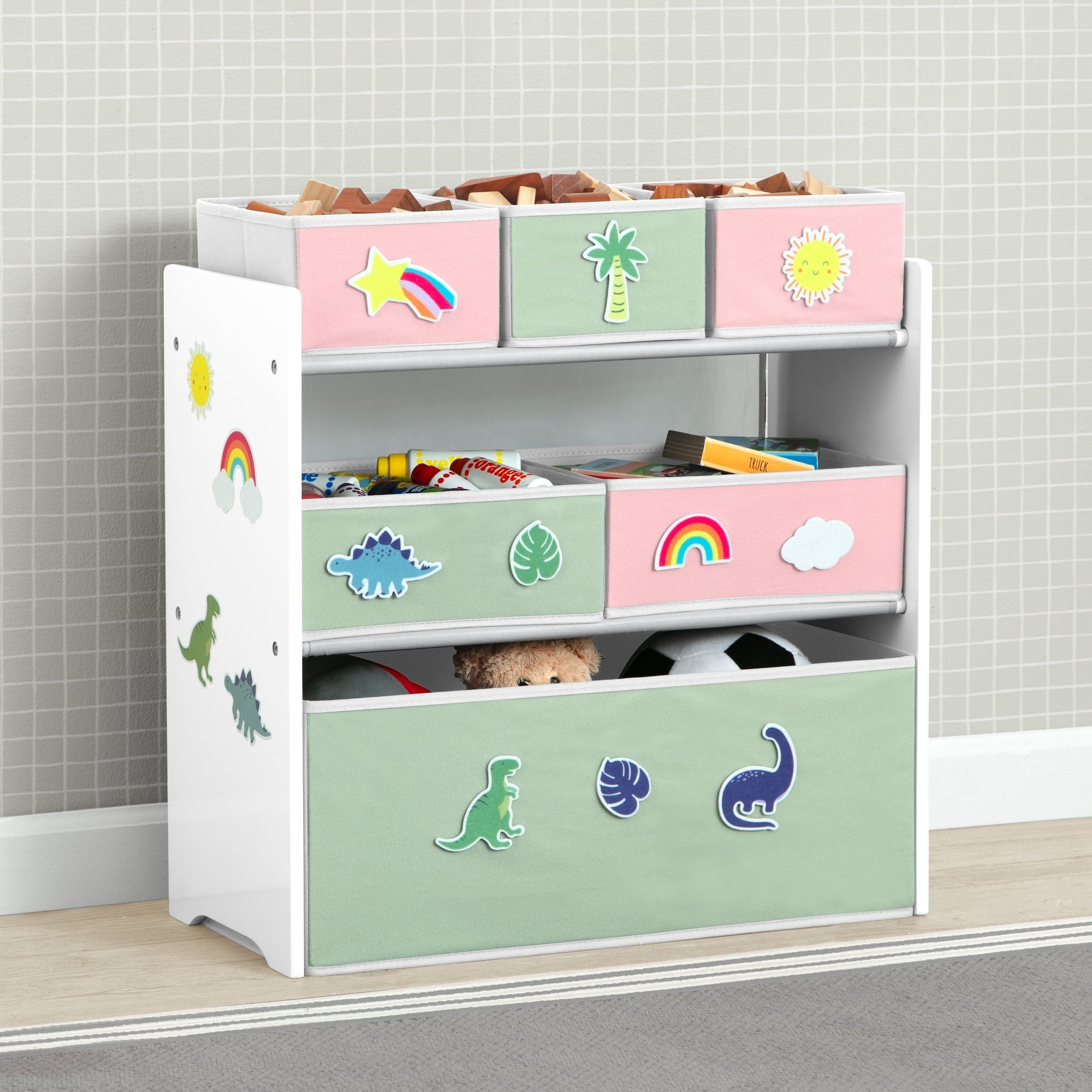 Design &amp; Store 6 Bin Toy Storage Organizer with Interchangeable Patches, Green/Pink