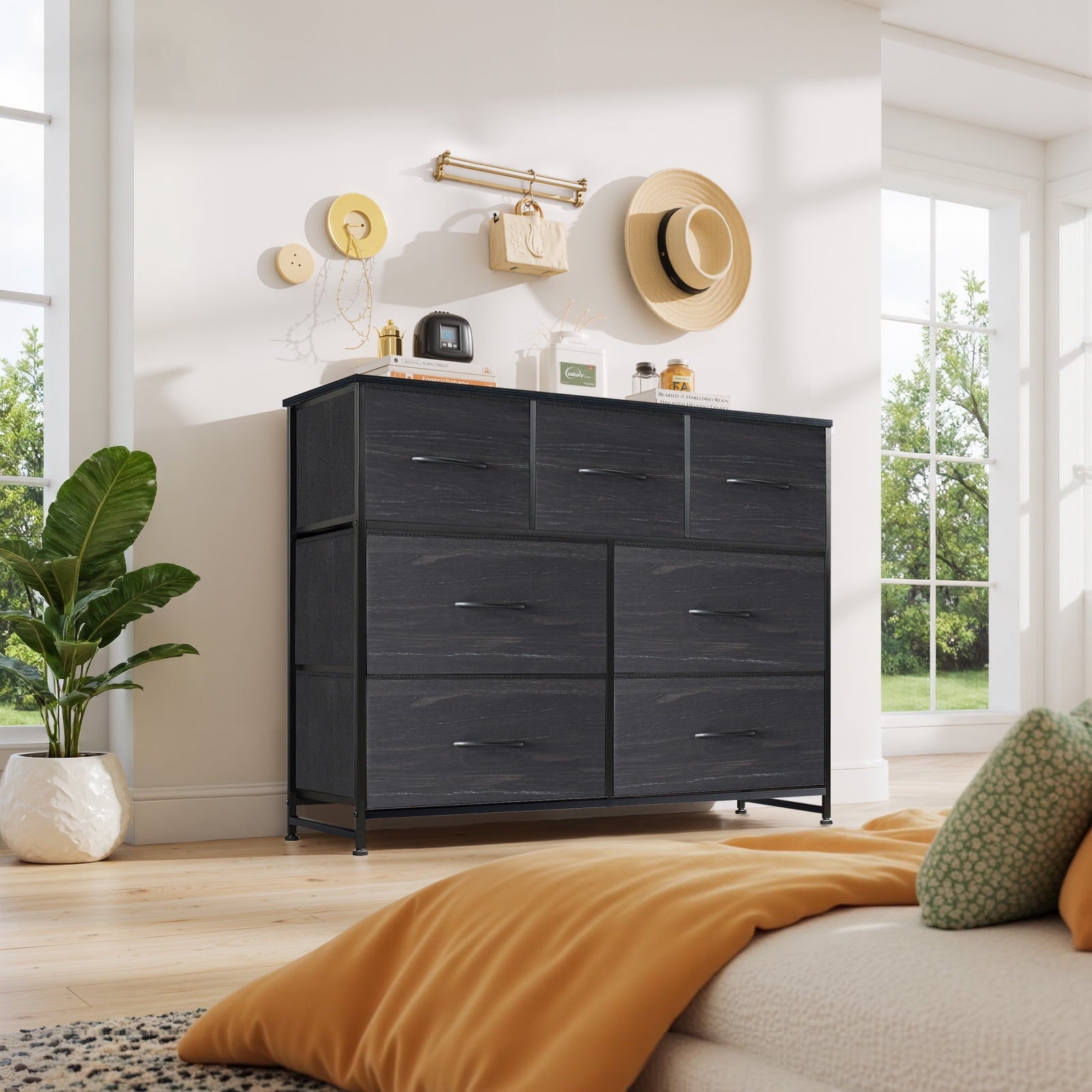 Dresser, Storage Organizer with 7 Drawers for Bedroom, Chest of Drawers with Fabric Bins, Sturdy Metal Frame, Wood Tabletop for Guest Room, Closet, Entryway, Nursery, Black