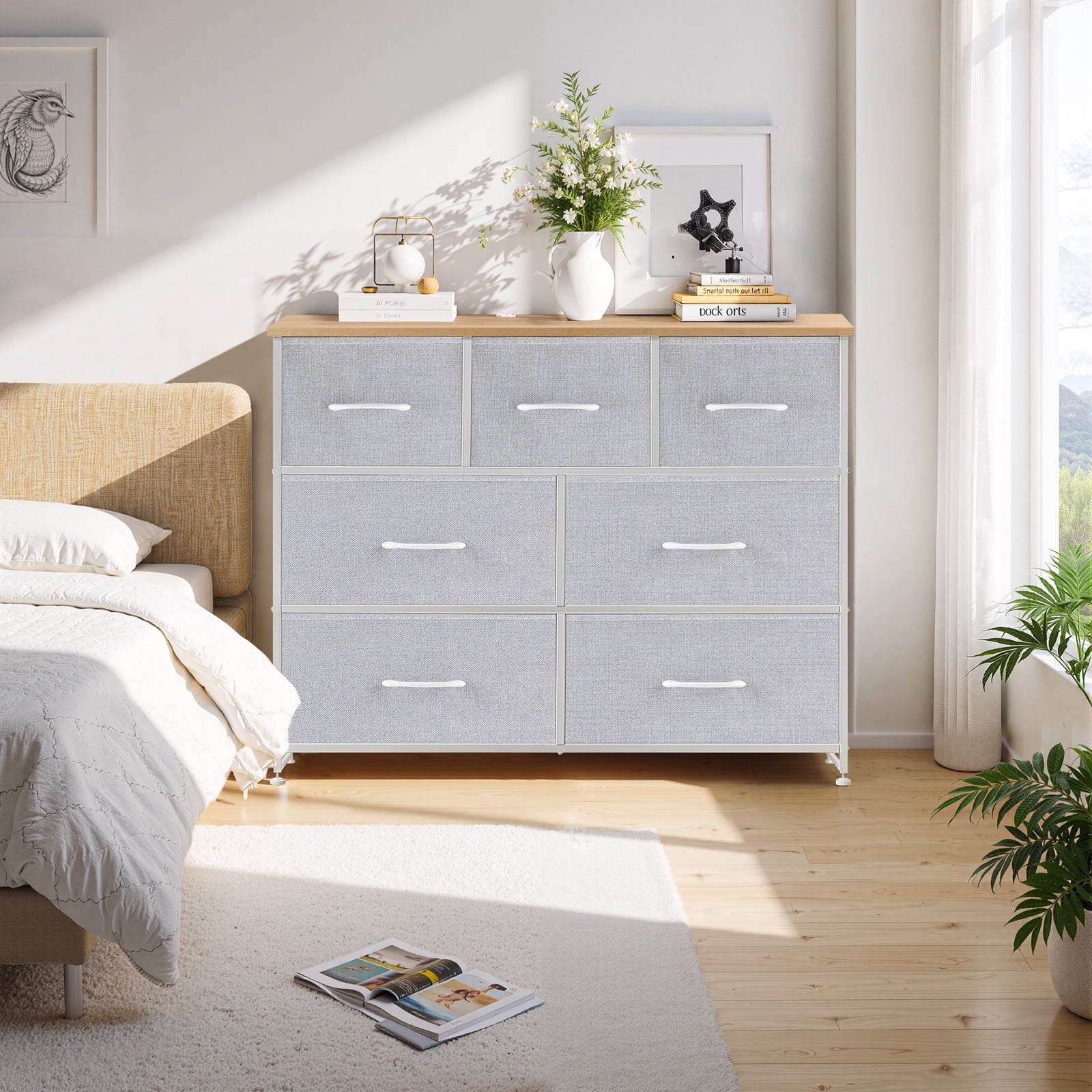 Dresser, Storage Organizer with 7 Drawers for Bedroom, Chest of Drawers with Fabric Bins, Sturdy Metal Frame, Wood Tabletop for Guest Room, Closet, Entryway, Nursery, Black