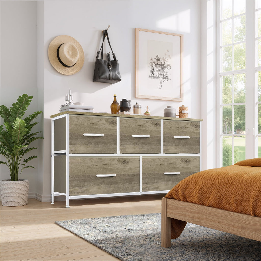 Dresser, Storage Organizer with 7 Drawers for Bedroom, Chest of Drawers with Fabric Bins, Sturdy Metal Frame, Wood Tabletop for Guest Room, Closet, Entryway, Nursery, Black