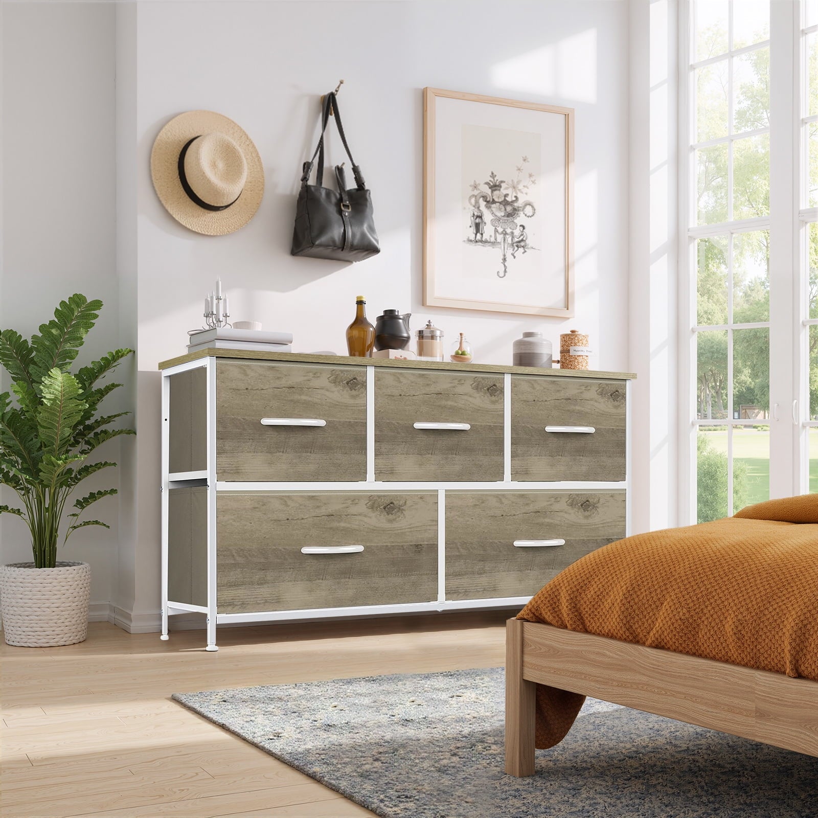 Dresser, Storage Organizer with 7 Drawers for Bedroom, Chest of Drawers with Fabric Bins, Sturdy Metal Frame, Wood Tabletop for Guest Room, Closet, Entryway, Nursery, Black