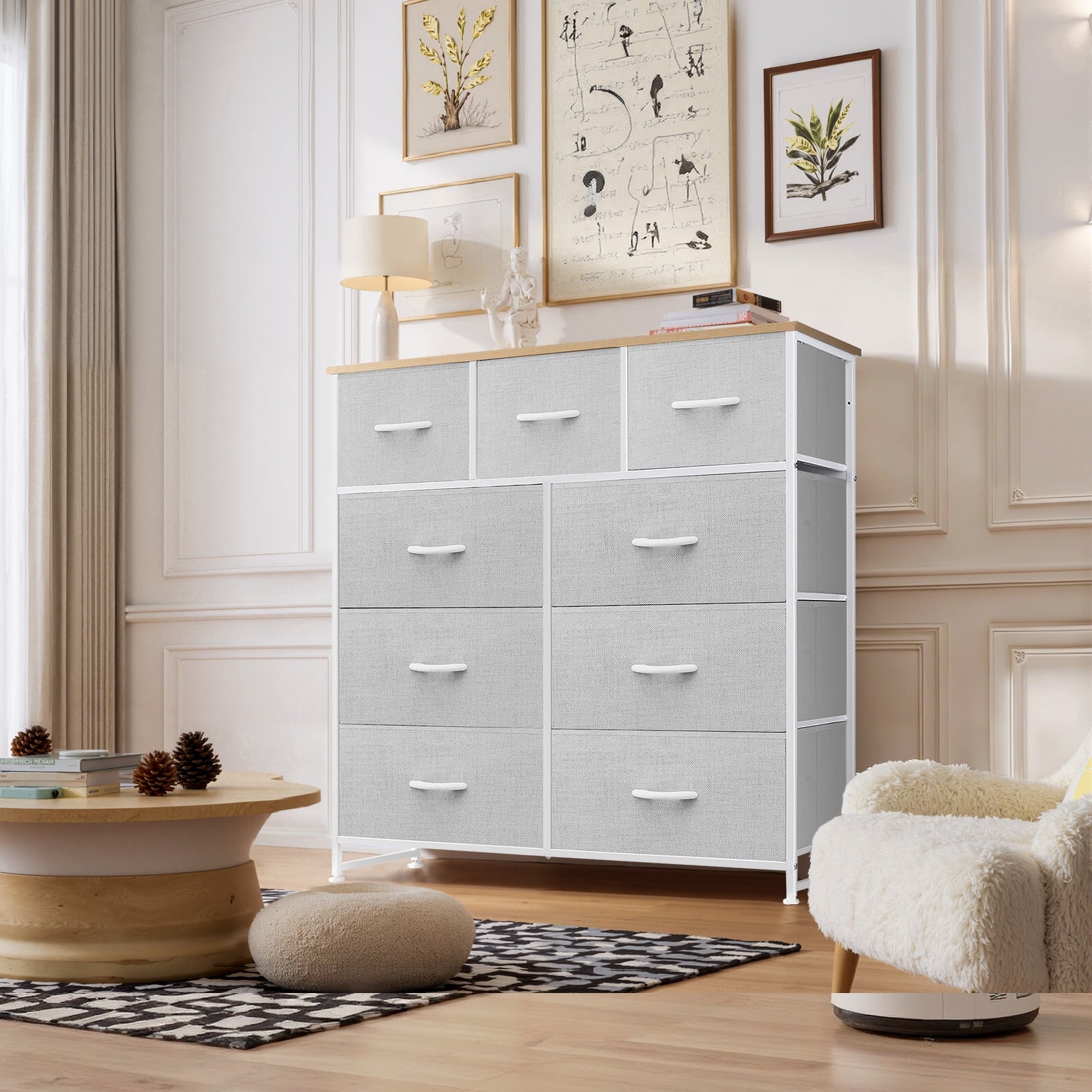 Dresser, Storage Organizer with 9 Drawers for Bedroom, Chest of Drawer with Fabric Bin, Sturdy Metal Frame, Wood Top for Closet, Nursery,Black