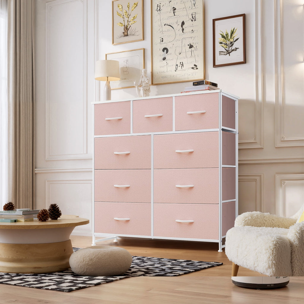 Dresser, Storage Organizer with 9 Drawers for Bedroom, Chest of Drawer with Fabric Bin, Sturdy Metal Frame, Wood Top for Closet, Nursery,Black