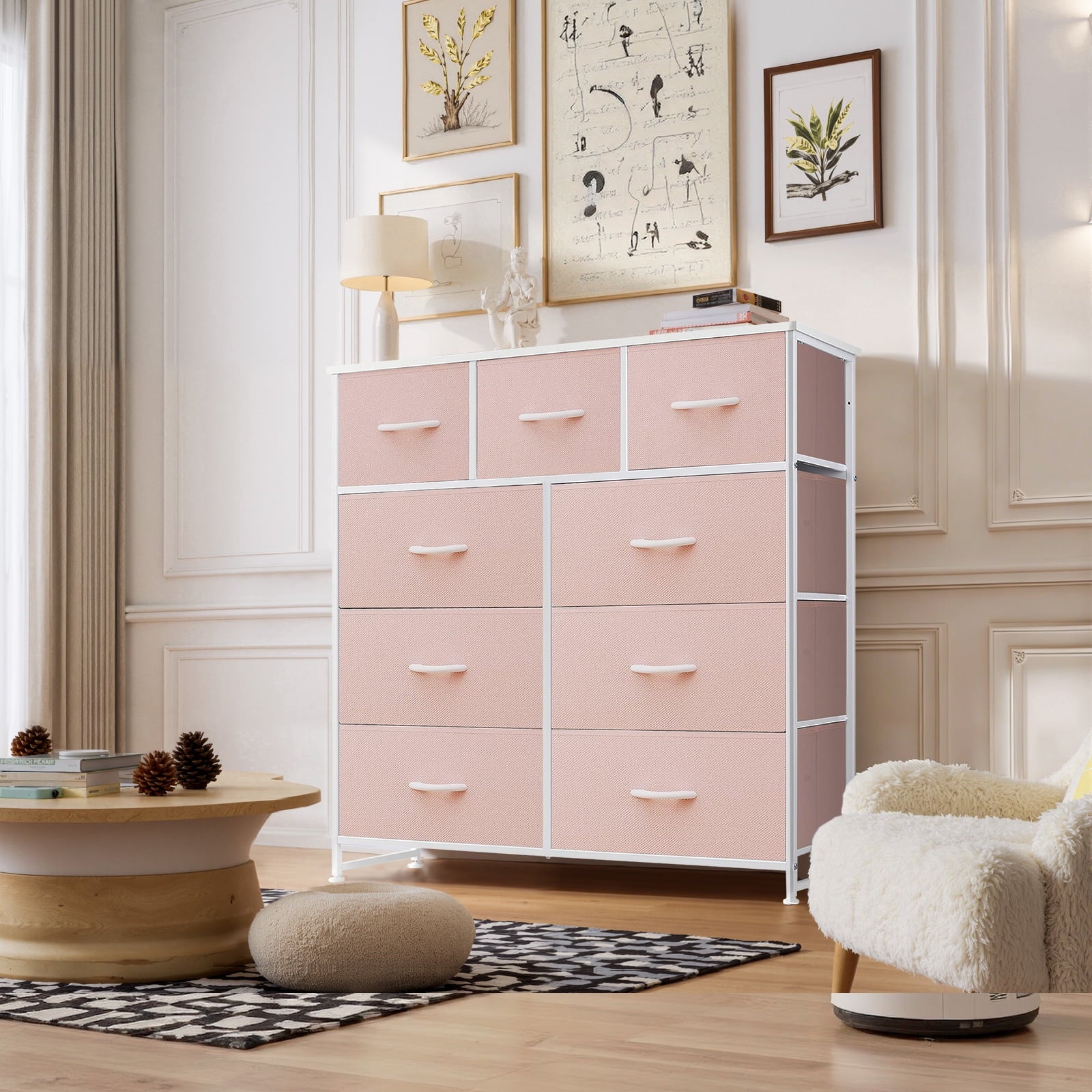Dresser, Storage Organizer with 9 Drawers for Bedroom, Chest of Drawer with Fabric Bin, Sturdy Metal Frame, Wood Top for Closet, Nursery,Black