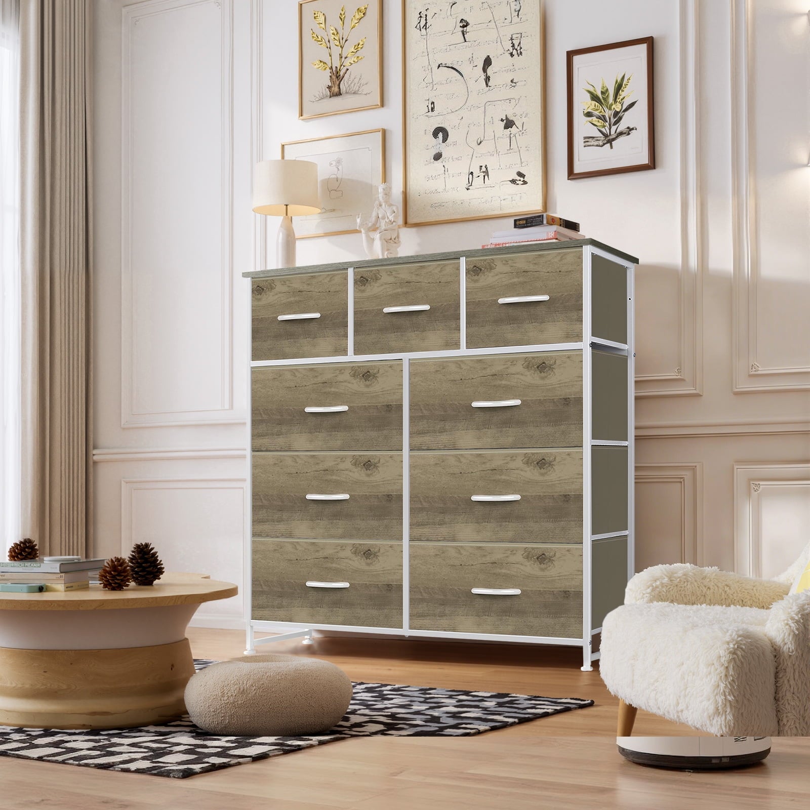Dresser, Storage Organizer with 9 Drawers for Bedroom, Chest of Drawer with Fabric Bin, Sturdy Metal Frame, Wood Top for Closet, Nursery,Black