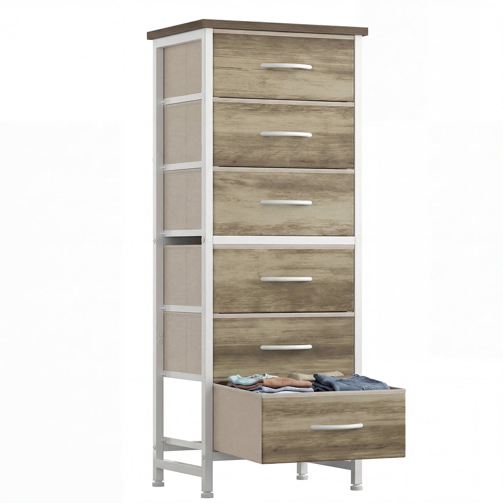 5 Fabric Dresser with 5 Storage Drawers, TV Stand with Wooden Top Metal Frame for Clothes, Living Room, Hallway, Entryway, Rust