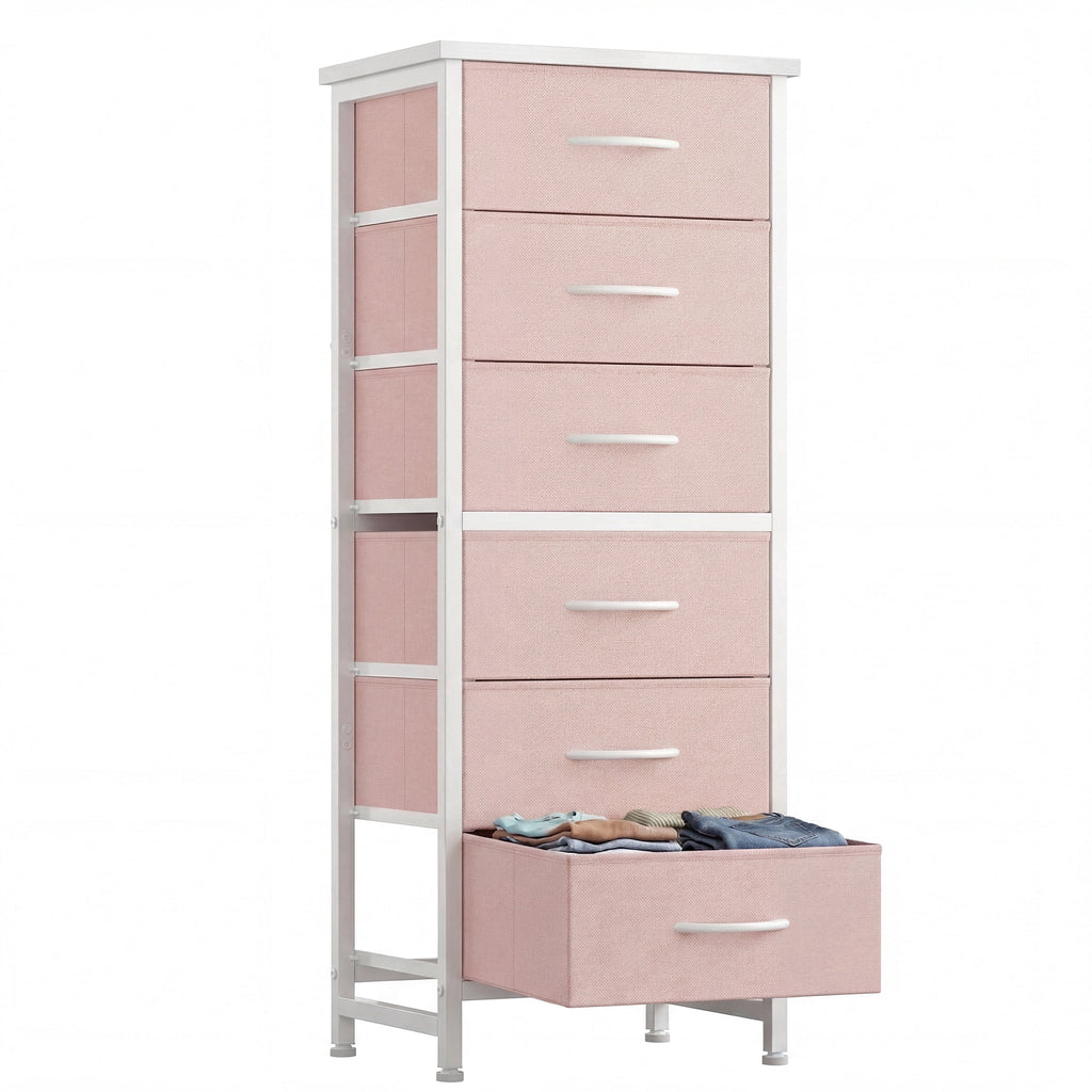 5 Fabric Dresser with 5 Storage Drawers, TV Stand with Wooden Top Metal Frame for Clothes, Living Room, Hallway, Entryway, Rust