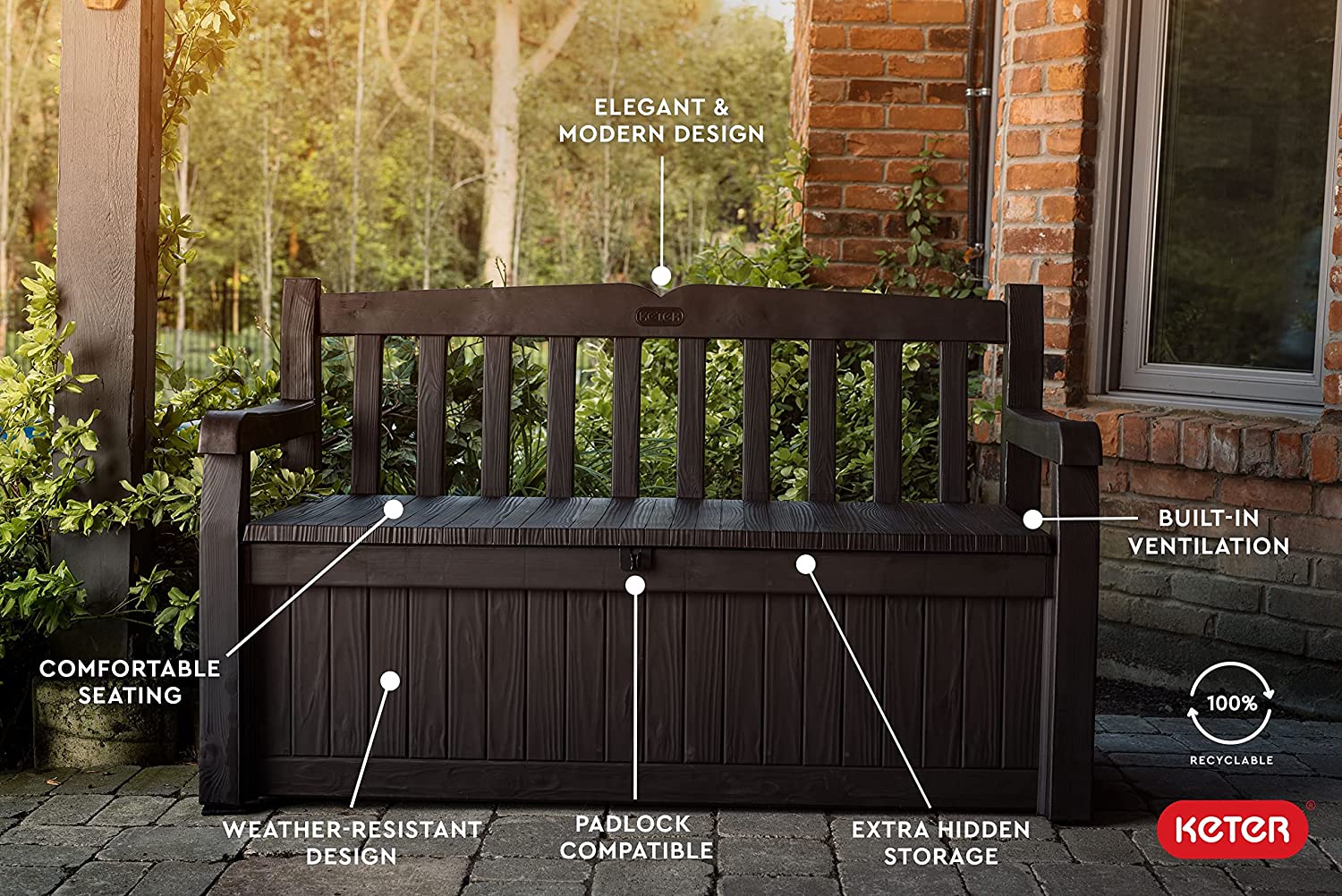 70 Gallon Storage Bench Deck Box for Patio Furniture, Front Porch Decor and Outdoor Seating �� Perfect to Store Garden Tools and Pool Toys, Brown