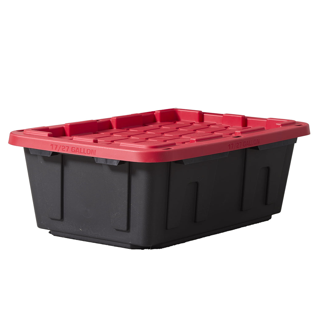 17 Gallon Medium Storage Bin with Snap Lid, Black and Red, Heavy Duty Plastic Storage Container