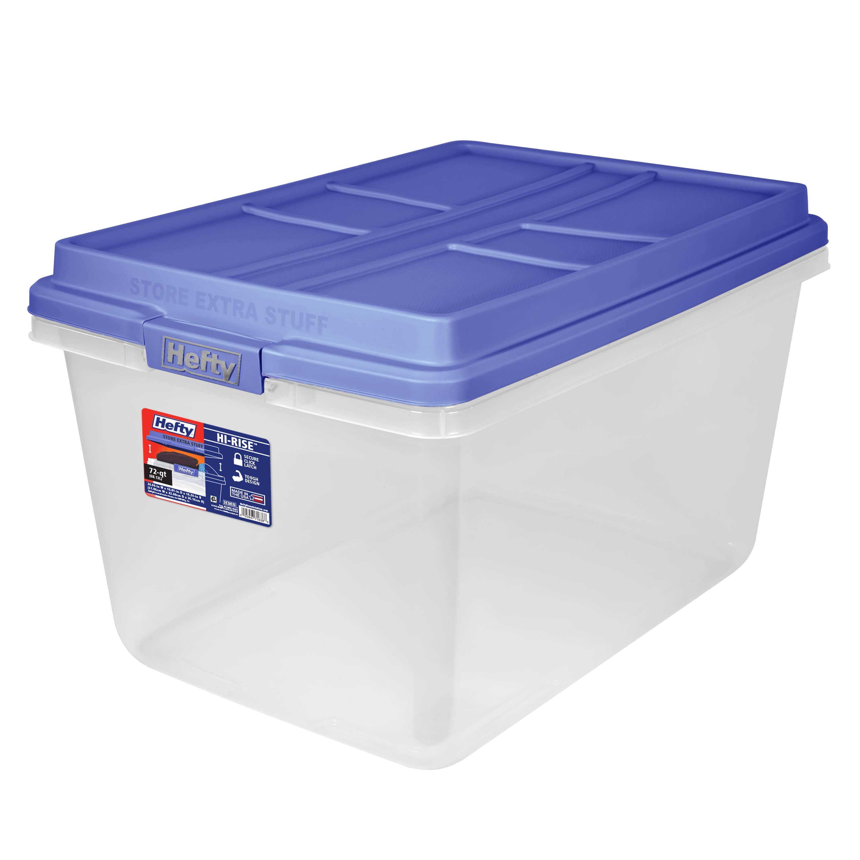 Hefty HI-RISE 72 Quart Large Latching Storage Bin, Clear Plastic Storage Container with HI-RISE Latch Lid, Blue