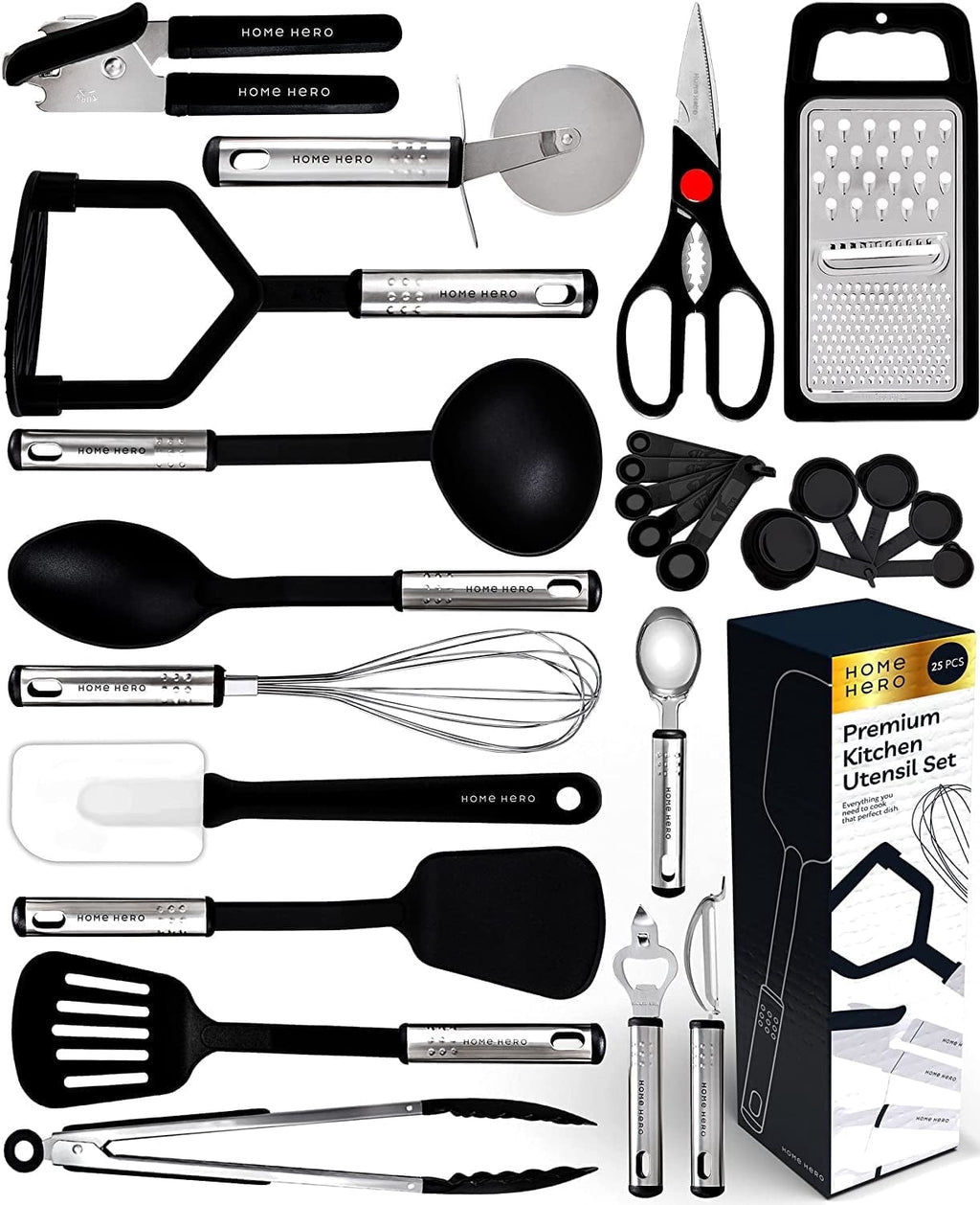 25 Pcs Silicone Spatula Kitchen Utensils Set - Stainless Steel and Nylon, Black