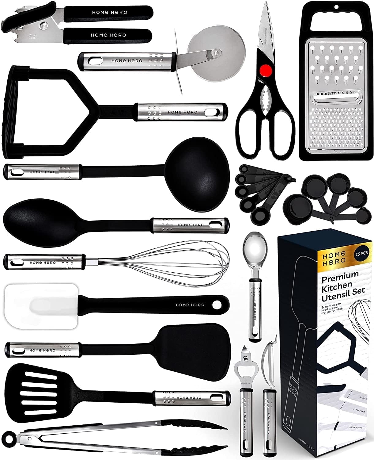 25 Pcs Silicone Spatula Kitchen Utensils Set - Stainless Steel and Nylon, Black