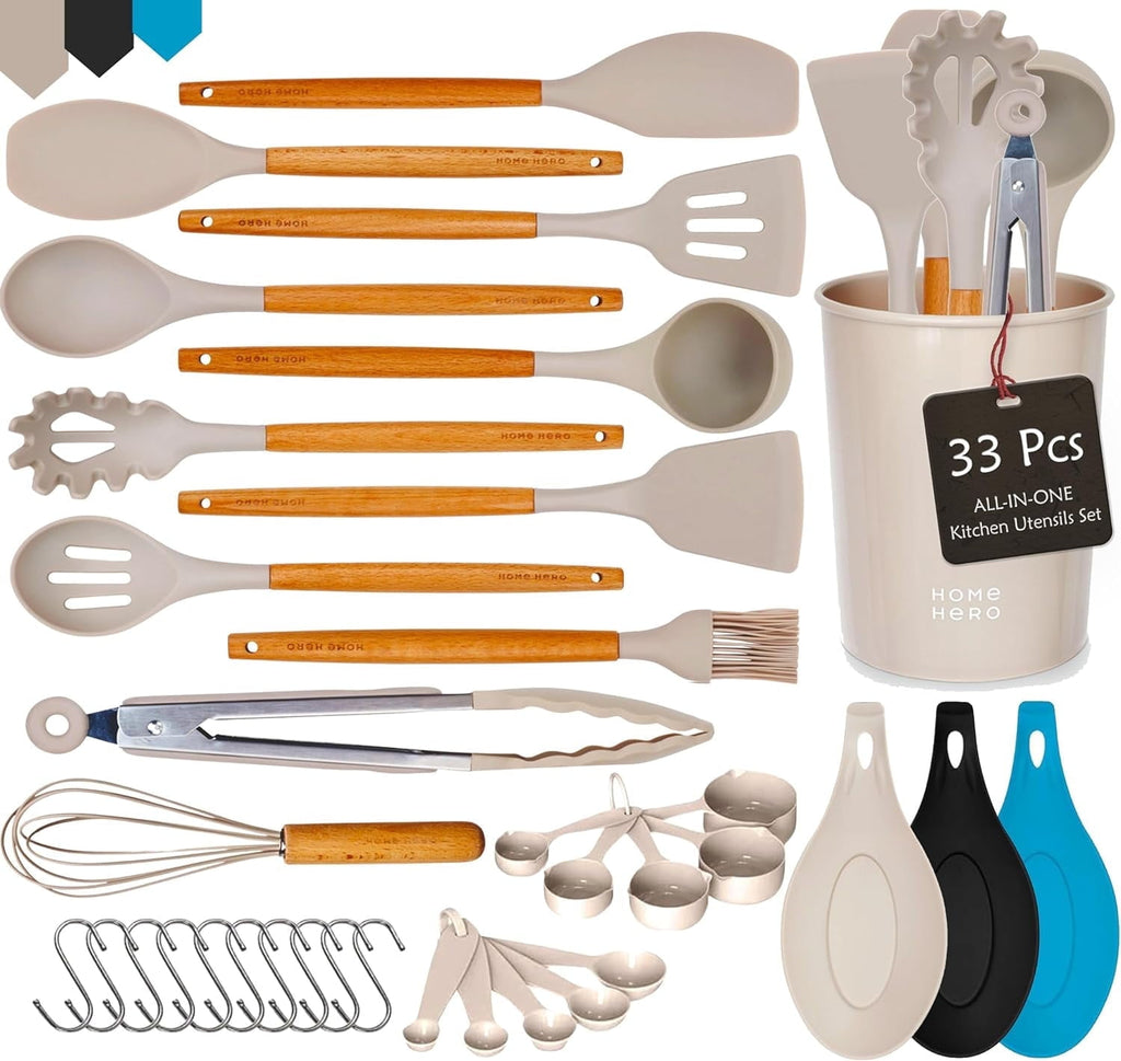 25 Pcs Silicone Spatula Kitchen Utensils Set - Stainless Steel and Nylon, Black