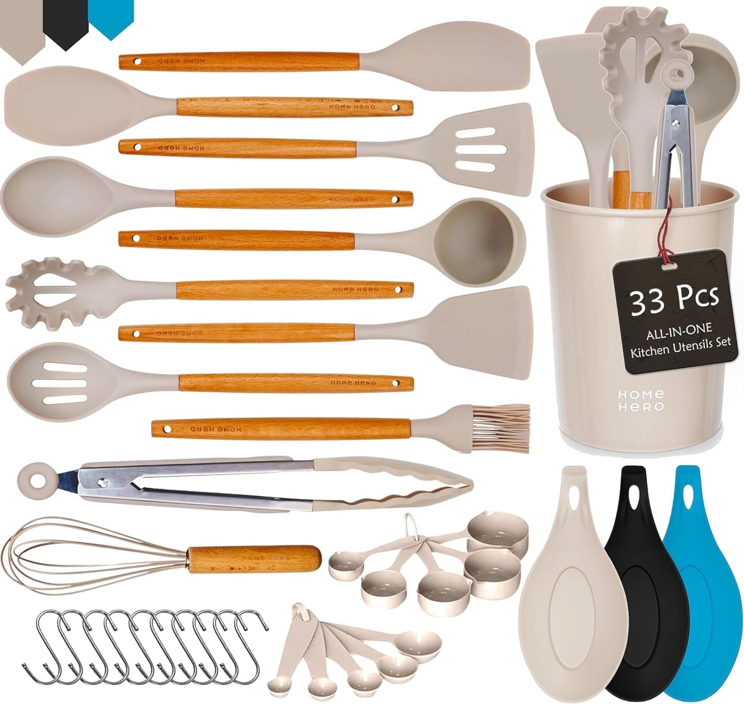 25 Pcs Silicone Spatula Kitchen Utensils Set - Stainless Steel and Nylon, Black