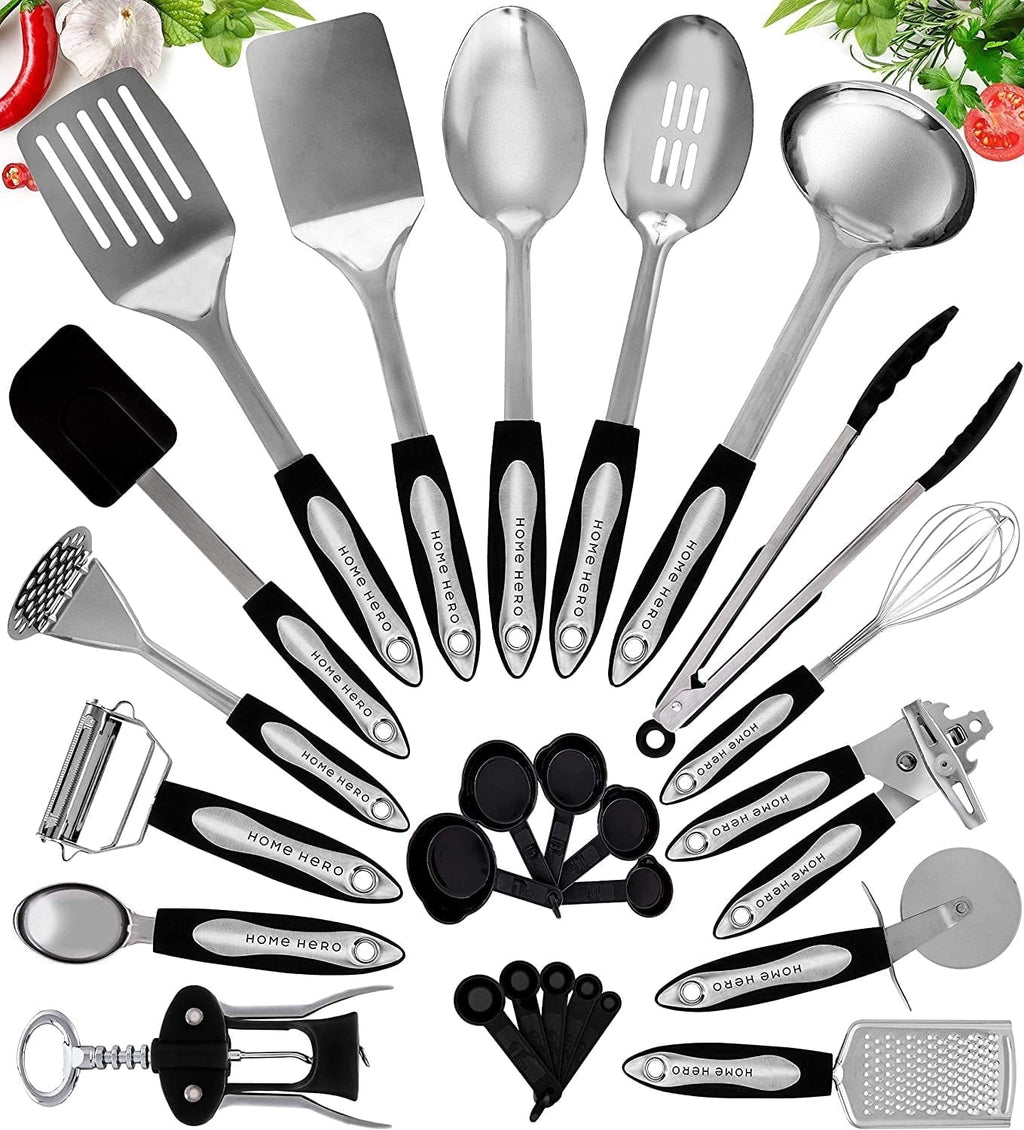 25 Pcs Silicone Spatula Kitchen Utensils Set - Stainless Steel and Nylon, Black
