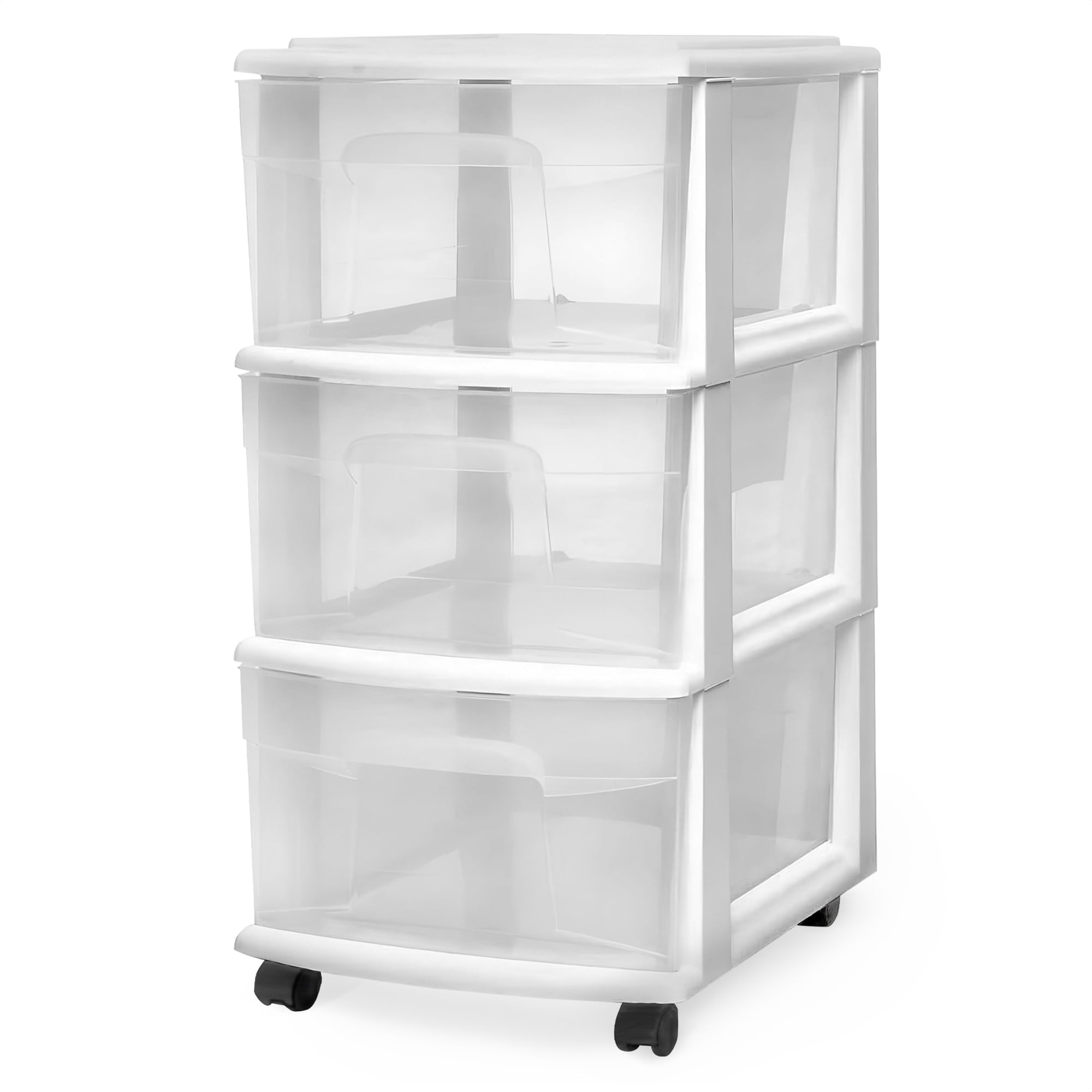 Drawer Tower, 3-Tier Clear Plastic Rolling Storage Cart, Removable Wheels, White