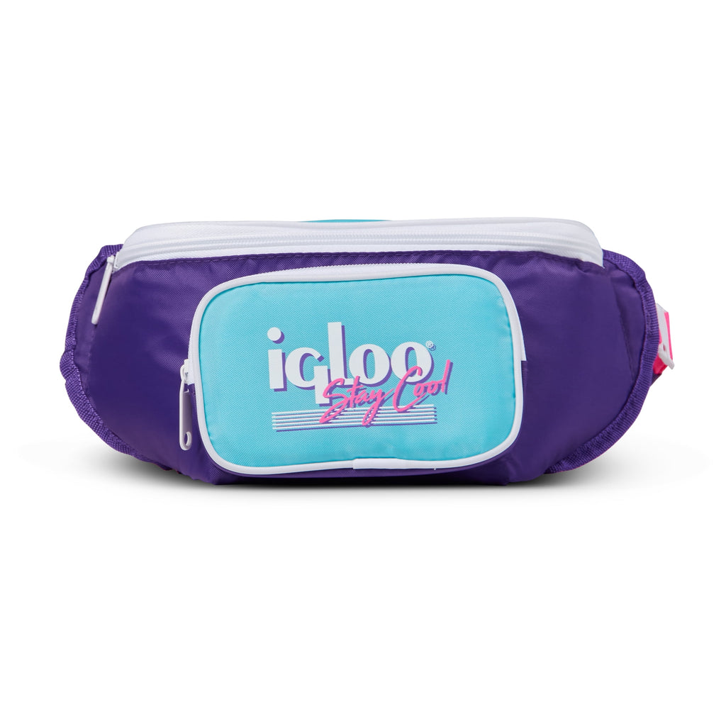3 can Retro Fanny Pack Cooler Bag, Purple and Aqua Blue